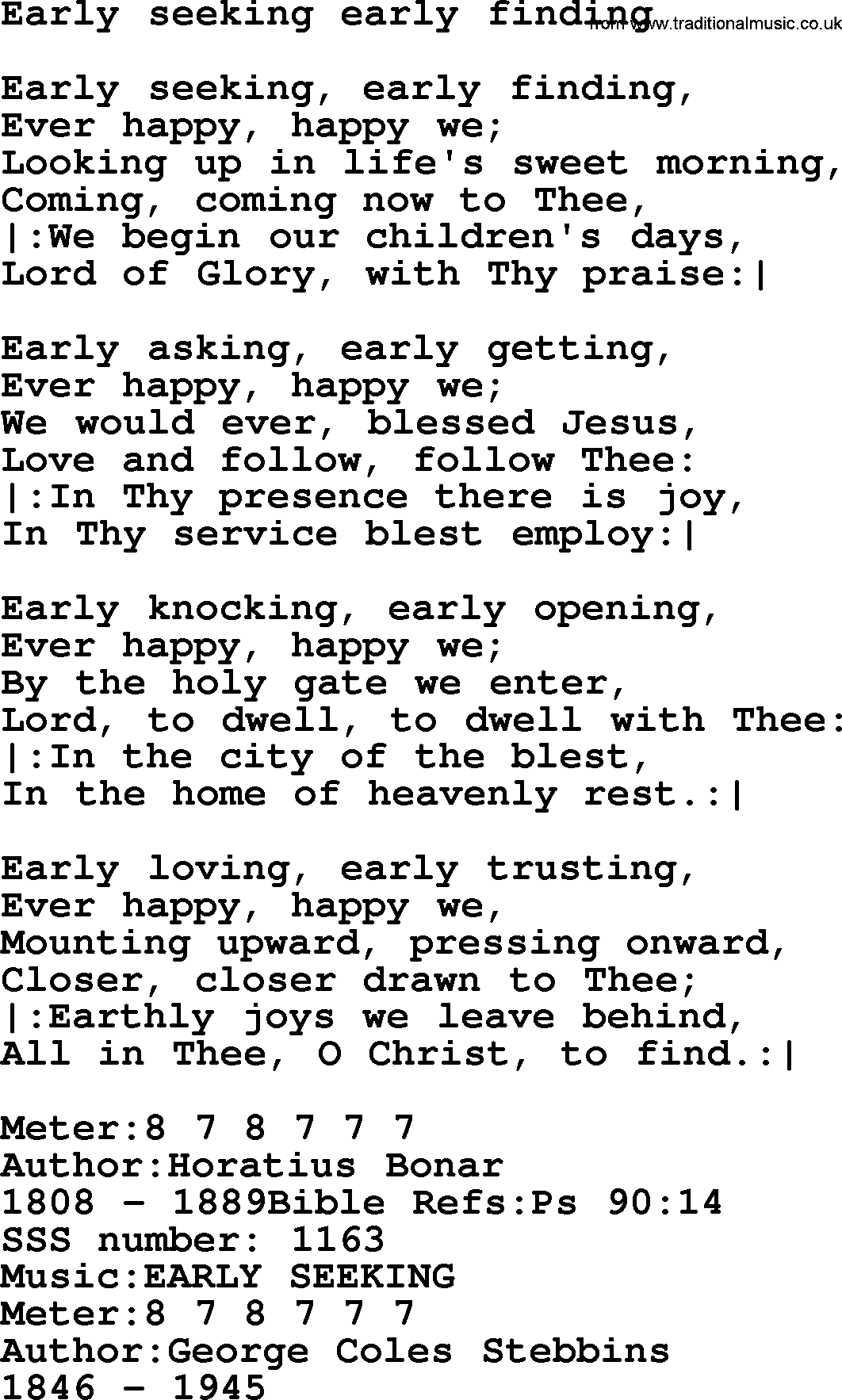 Sacred Songs and Solos complete, 1200 Hymns, title: Early Seeking Early Finding, lyrics and PDF