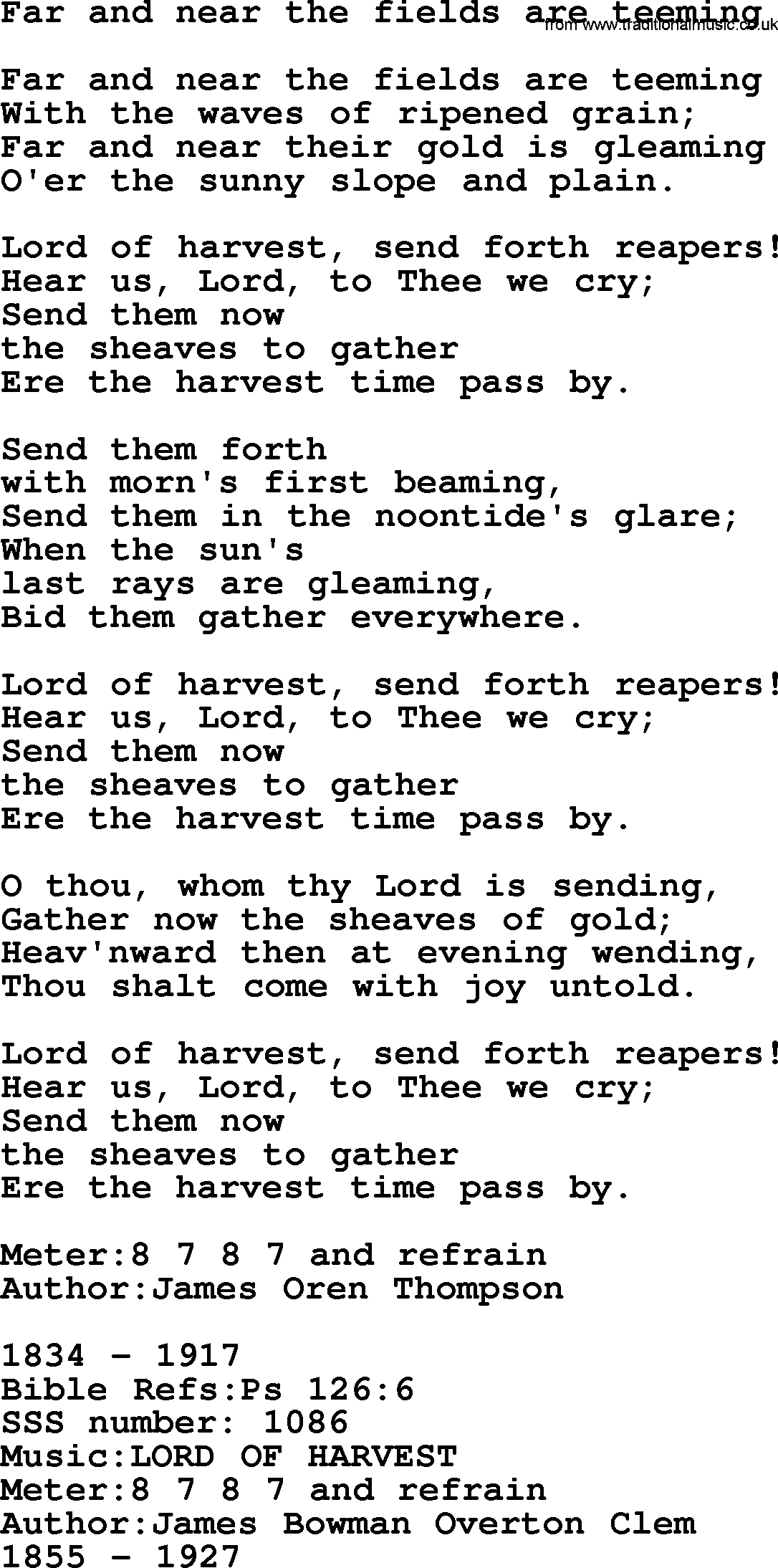 Sacred Songs and Solos complete, 1200 Hymns, title: Far And Near The Fields Are Teeming, lyrics and PDF