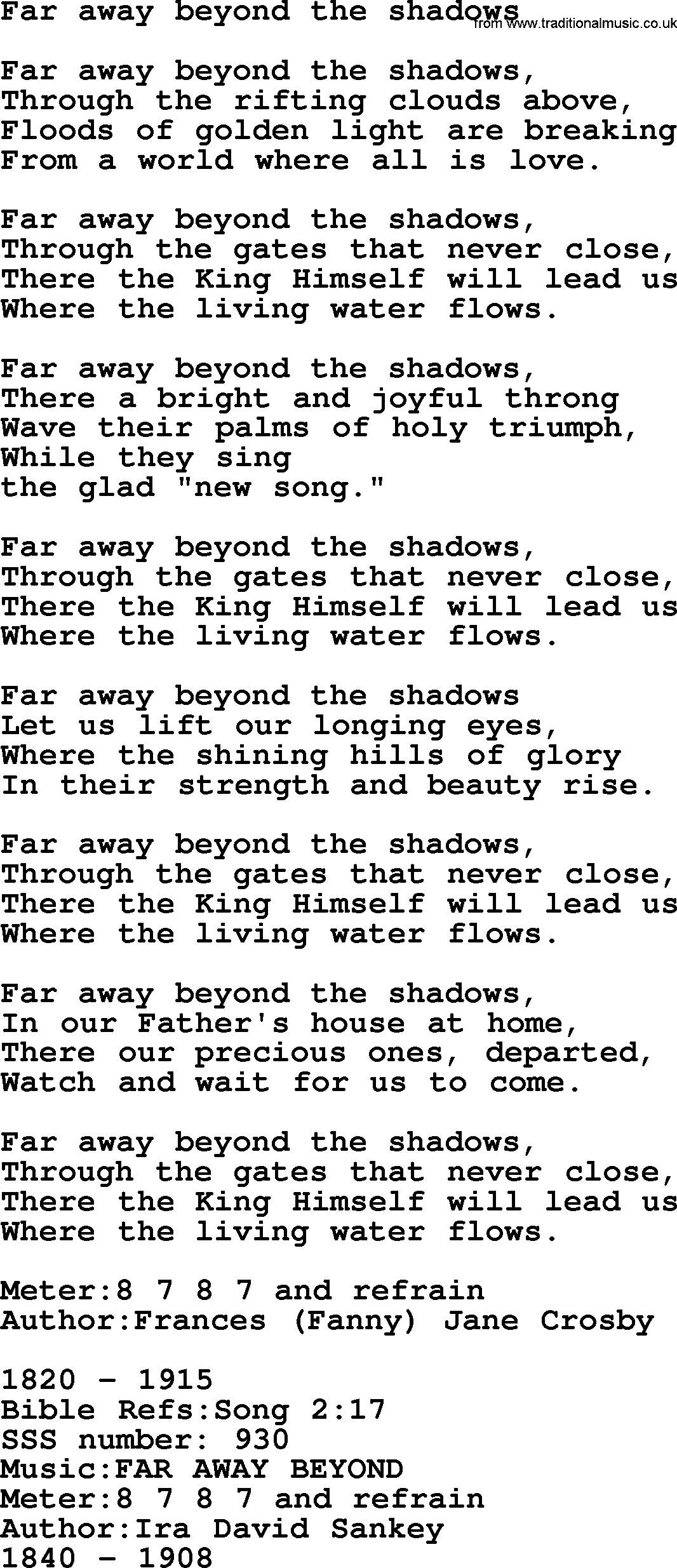 Sacred Songs and Solos complete, 1200 Hymns, title: Far Away Beyond The Shadows, lyrics and PDF
