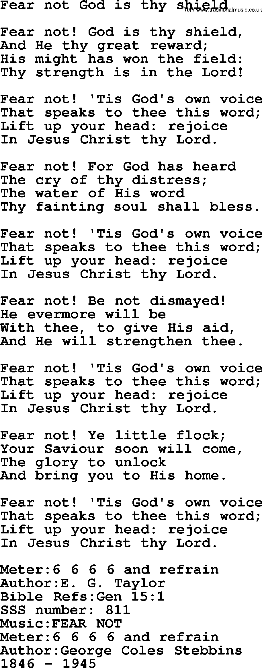 Sacred Songs and Solos complete, 1200 Hymns, title: Fear Not God Is Thy Shield, lyrics and PDF