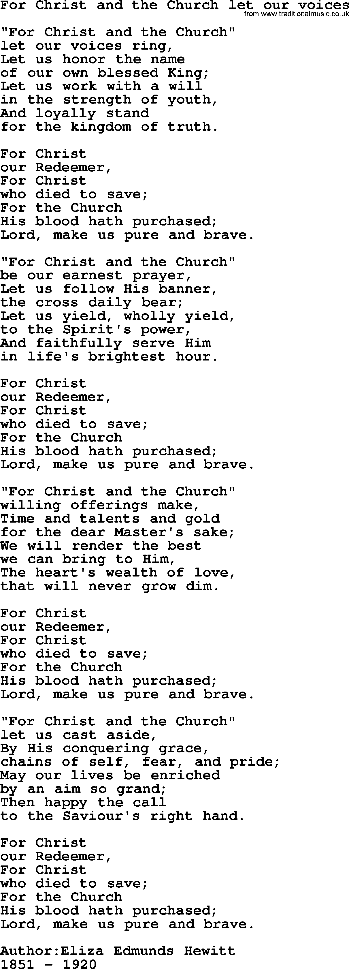 Sacred Songs and Solos complete, 1200 Hymns, title: For Christ And The Church Let Our Voices, lyrics and PDF