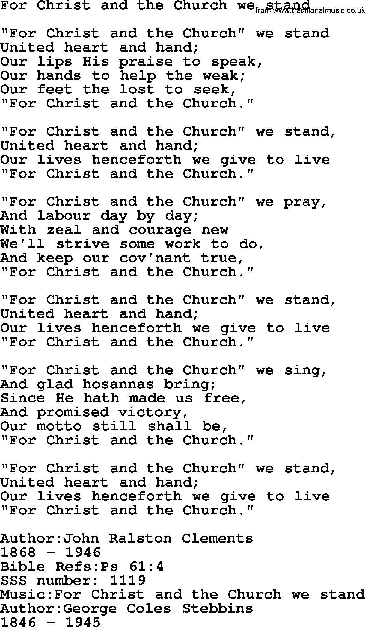 Sacred Songs and Solos complete, 1200 Hymns, title: For Christ And The Church We Stand, lyrics and PDF