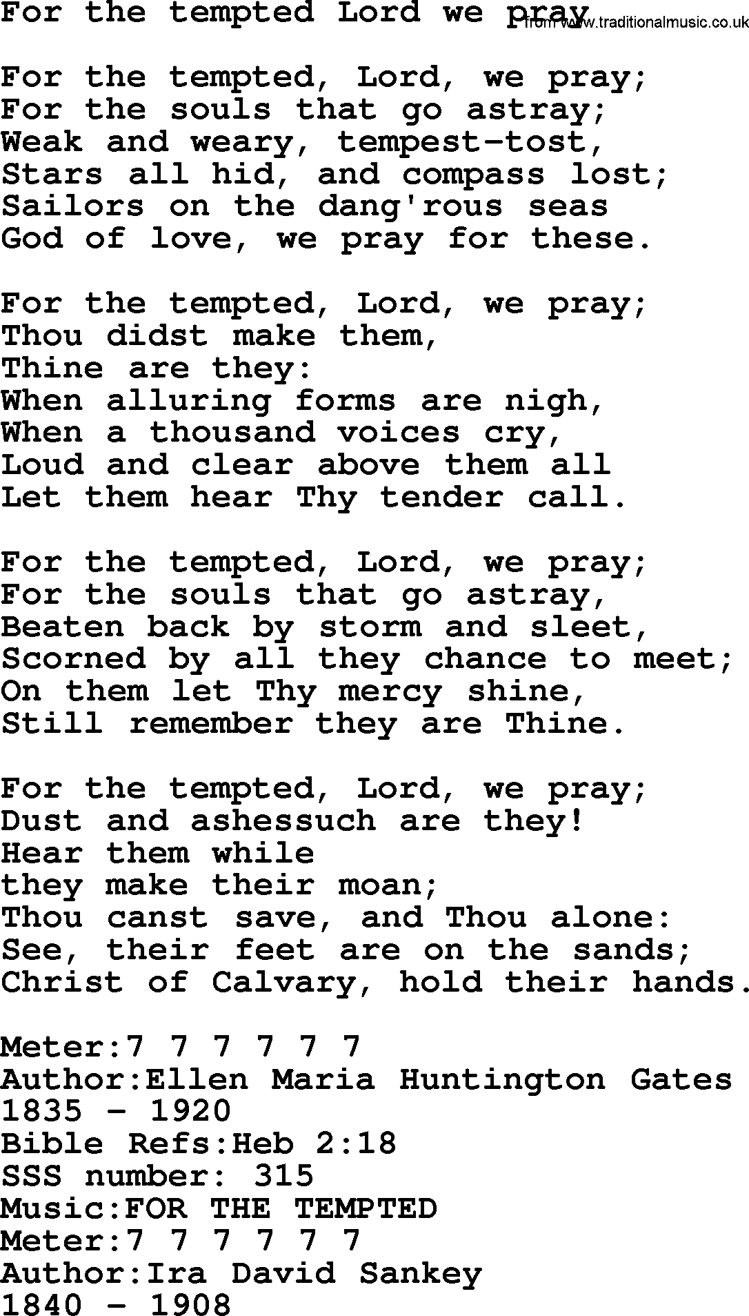 Sacred Songs and Solos complete, 1200 Hymns, title: For The Tempted Lord We Pray, lyrics and PDF