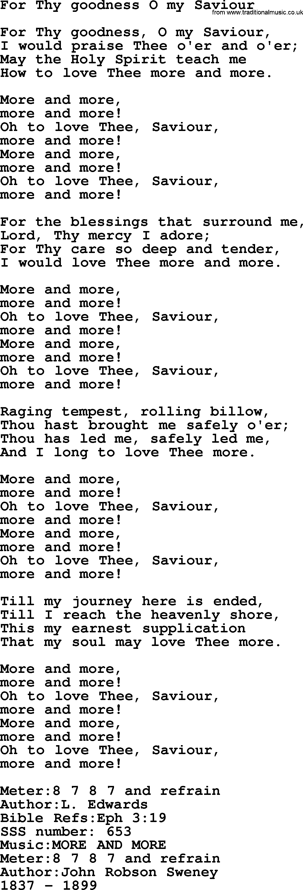 Sacred Songs and Solos complete, 1200 Hymns, title: For Thy Goodness O My Saviour, lyrics and PDF