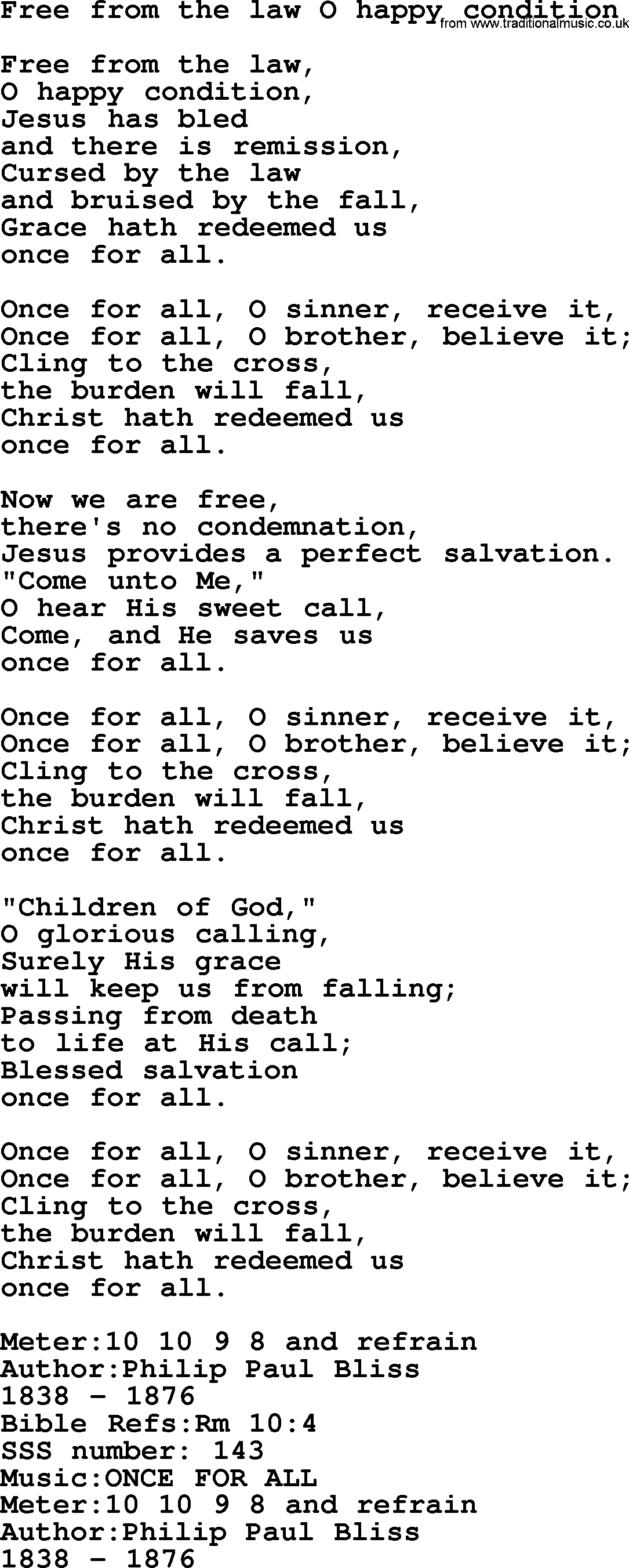 Sacred Songs and Solos complete, 1200 Hymns, title: Free From The Law O Happy Condition, lyrics and PDF
