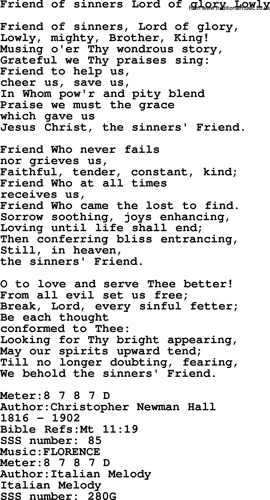 Sacred Songs and Solos complete, 1200 Hymns, title: Friend Of Sinners Lord Of Glory Lowly, lyrics and PDF
