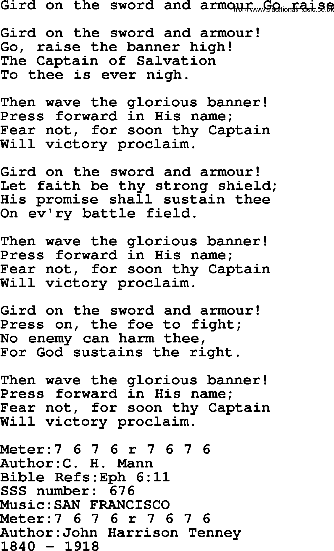 Sacred Songs and Solos complete, 1200 Hymns, title: Gird On The Sword And Armour Go Raise, lyrics and PDF