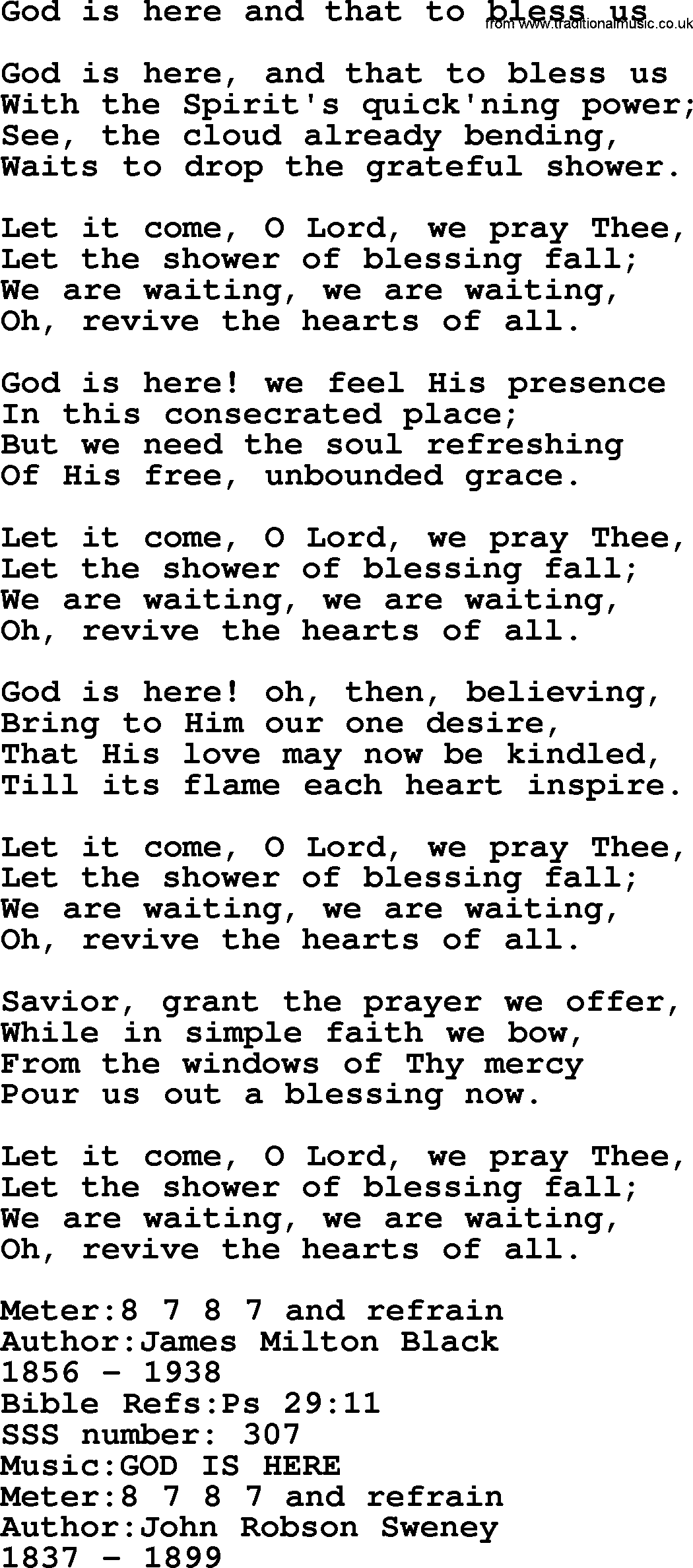 Sacred Songs and Solos complete, 1200 Hymns, title: God Is Here And That To Bless Us, lyrics and PDF