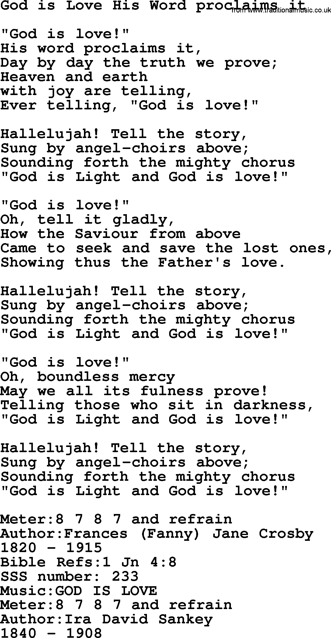 Sacred Songs and Solos complete, 1200 Hymns, title: God Is Love His Word Proclaims It, lyrics and PDF