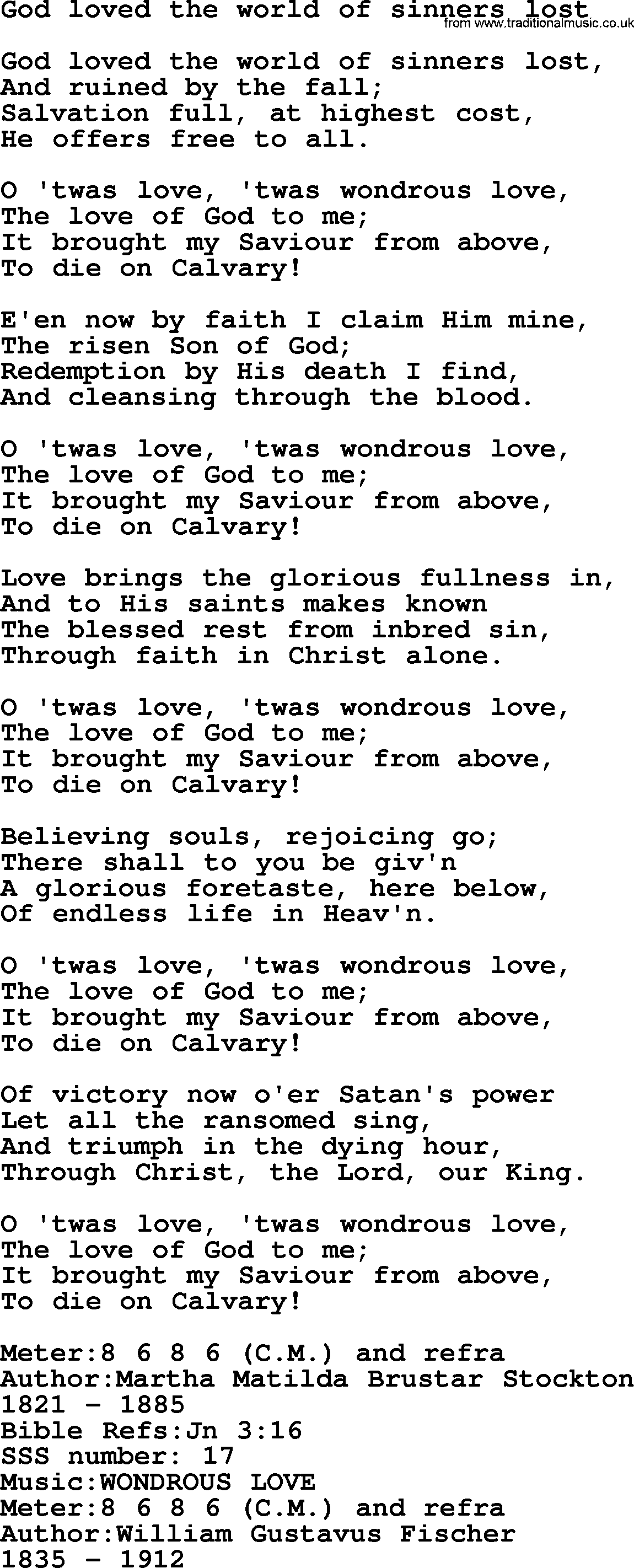 Sacred Songs and Solos complete, 1200 Hymns, title: God Loved The World Of Sinners Lost, lyrics and PDF