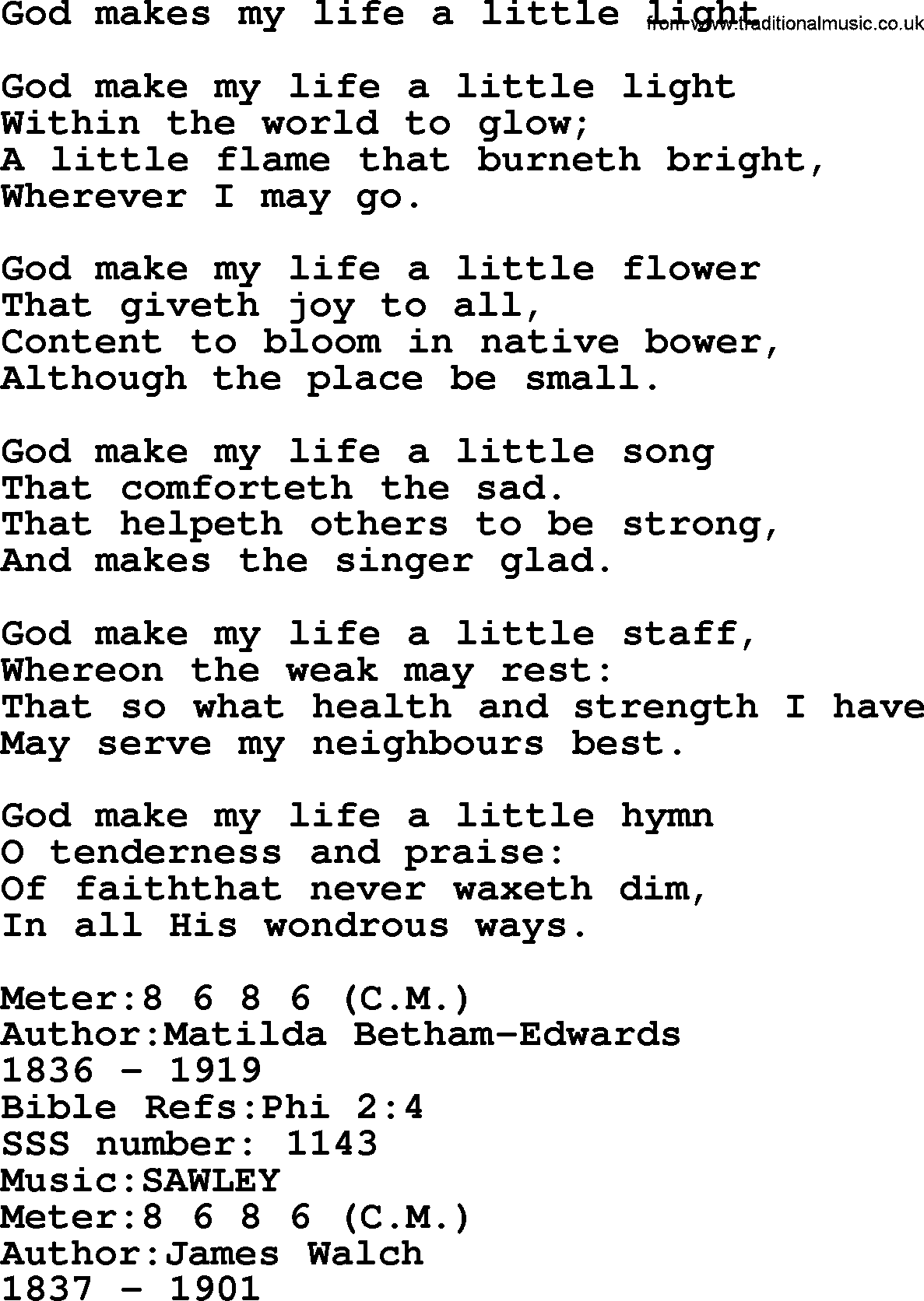 Sacred Songs and Solos complete, 1200 Hymns, title: God Makes My Life A Little Light, lyrics and PDF