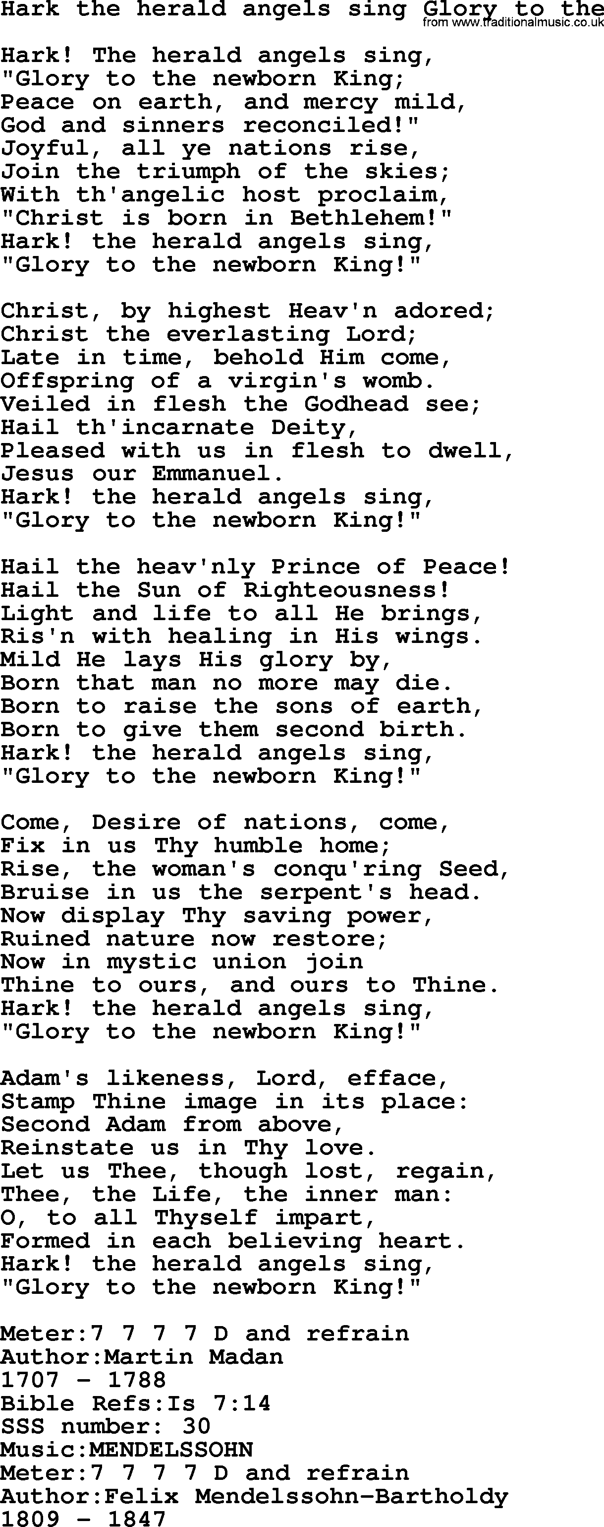 Sacred Songs and Solos complete, 1200 Hymns, title: Hark The Herald Angels Sing Glory To The, lyrics and PDF