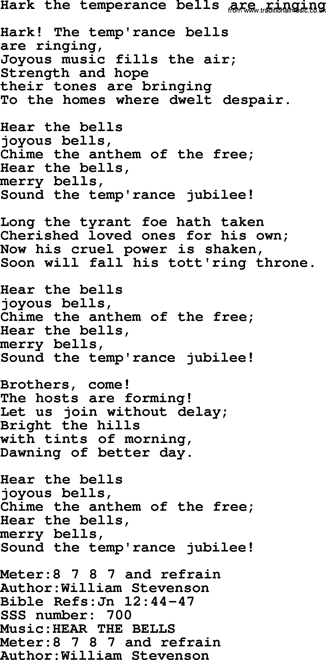 Sacred Songs and Solos complete, 1200 Hymns, title: Hark The Temperance Bells Are Ringing, lyrics and PDF
