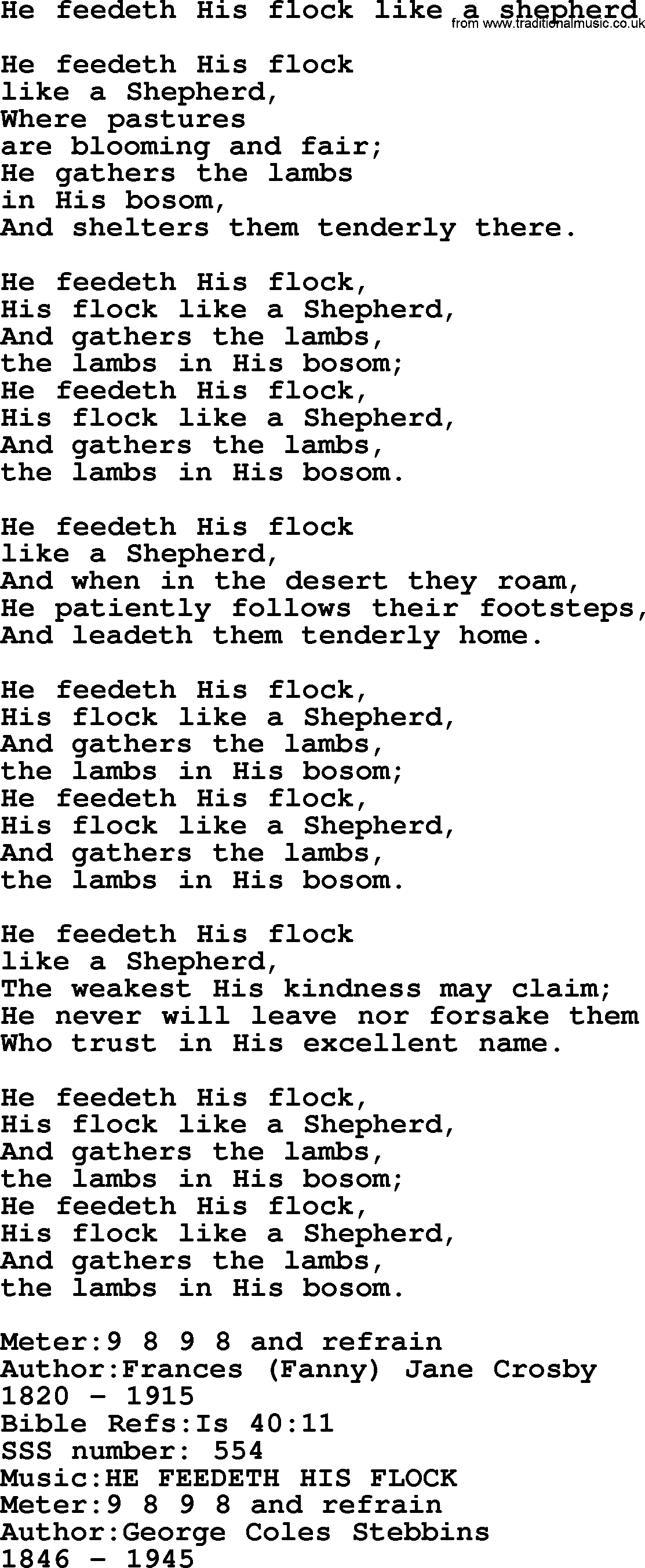 Sacred Songs and Solos complete, 1200 Hymns, title: He Feedeth His Flock Like A Shepherd, lyrics and PDF