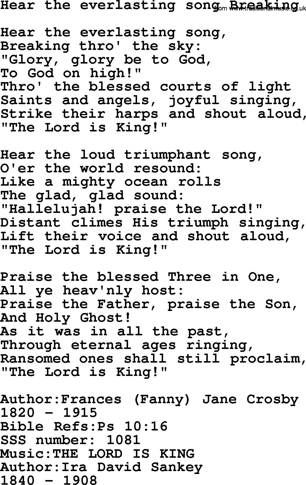 Sacred Songs and Solos complete, 1200 Hymns, title: Hear The Everlasting Song Breaking, lyrics and PDF