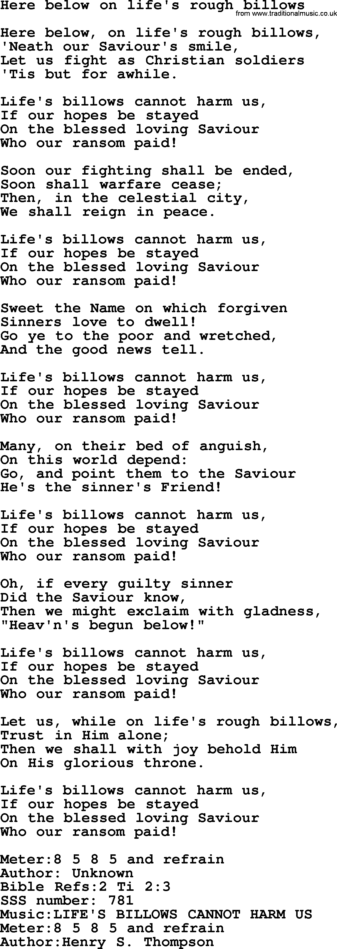 Sacred Songs and Solos complete, 1200 Hymns, title: Here Below On Life's Rough Billows, lyrics and PDF
