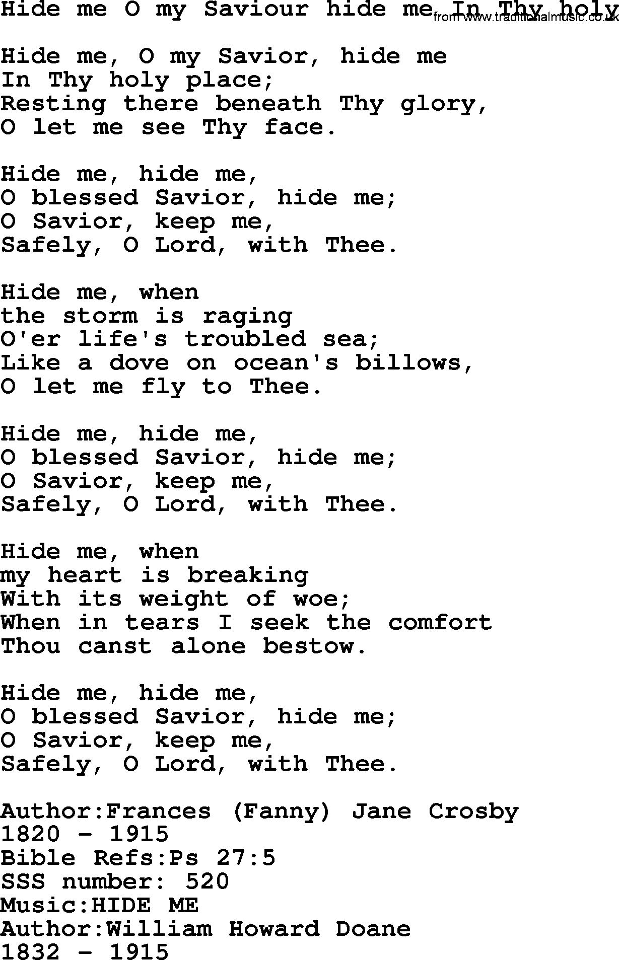 Sacred Songs and Solos complete, 1200 Hymns, title: Hide Me O My Saviour Hide Me In Thy Holy, lyrics and PDF