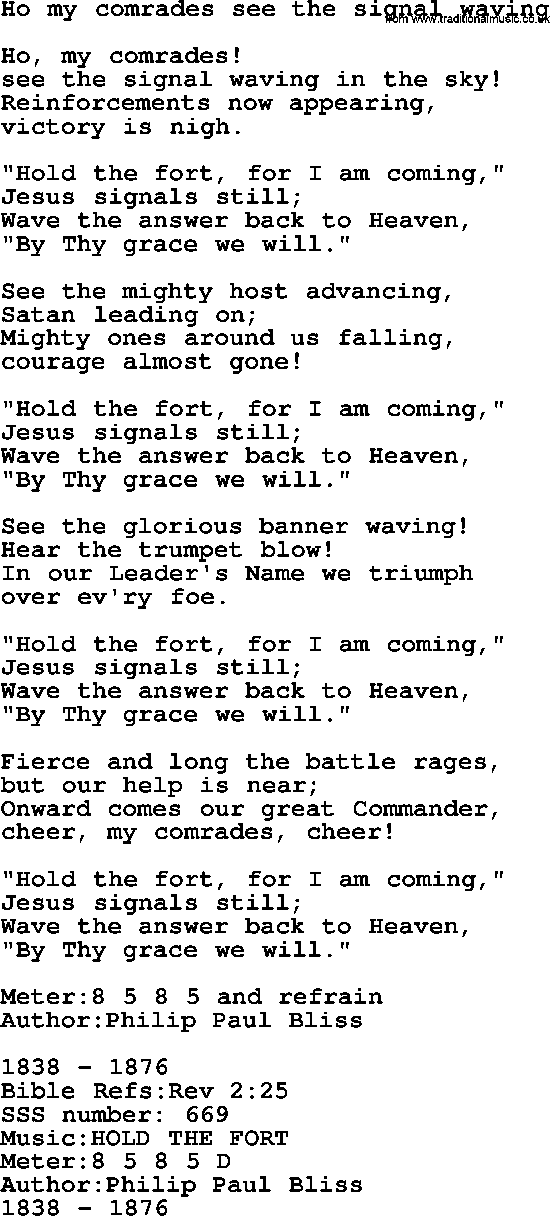 Sacred Songs and Solos complete, 1200 Hymns, title: Ho My Comrades See The Signal Waving, lyrics and PDF