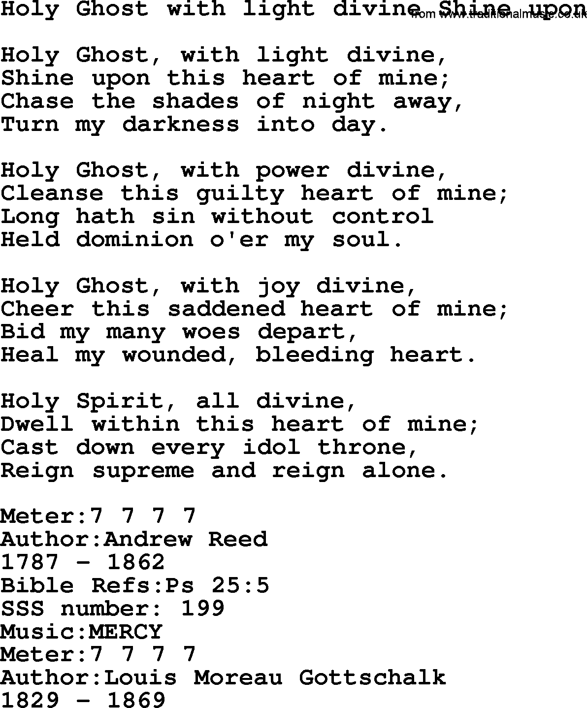 Sacred Songs and Solos complete, 1200 Hymns, title: Holy Ghost With Light Divine Shine Upon, lyrics and PDF