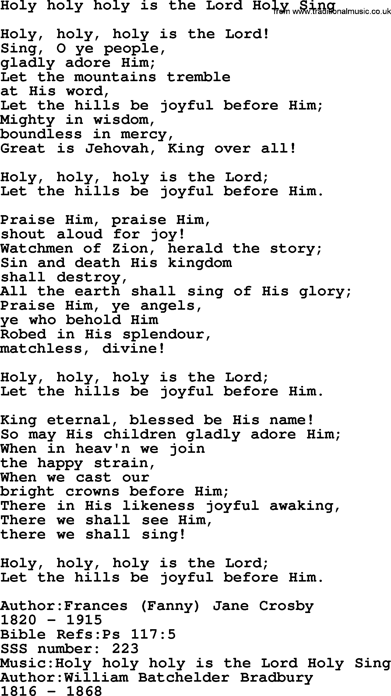 Sacred Songs and Solos complete, 1200 Hymns, title: Holy Holy Holy Is The Lord Holy Sing, lyrics and PDF