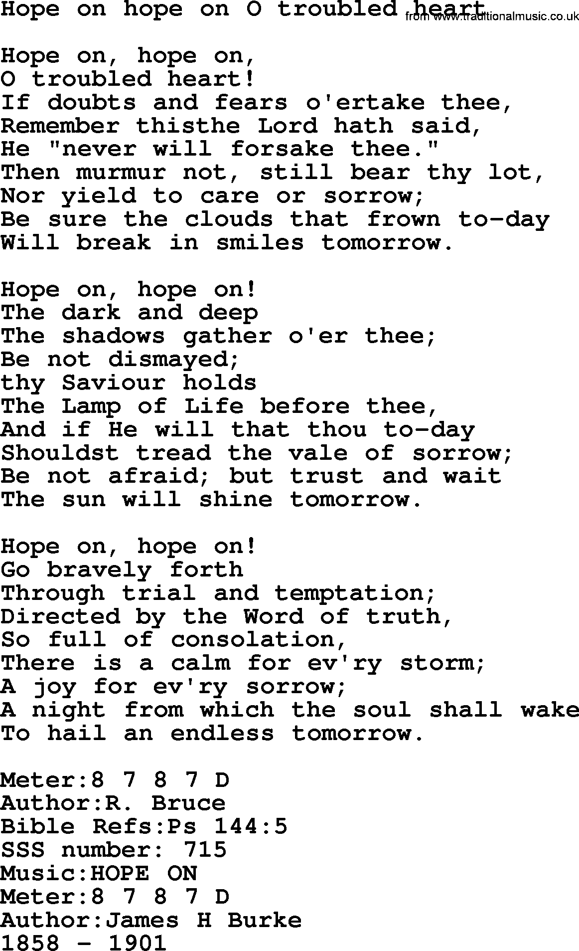 Sacred Songs and Solos complete, 1200 Hymns, title: Hope On Hope On O Troubled Heart, lyrics and PDF
