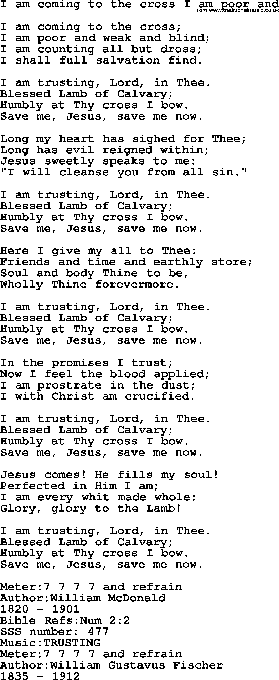 Sacred Songs and Solos complete, 1200 Hymns, title: I Am Coming To The Cross I Am Poor And, lyrics and PDF