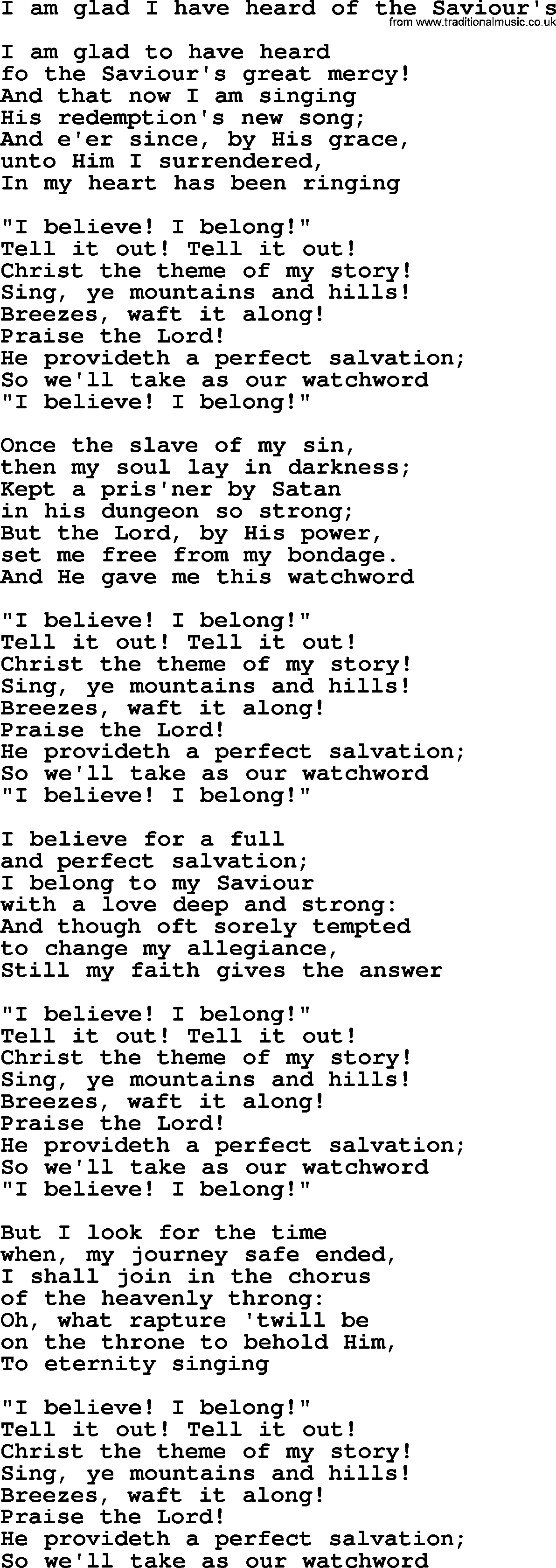 Sacred Songs and Solos complete, 1200 Hymns, title: I Am Glad I Have Heard Of The Saviour's, lyrics and PDF