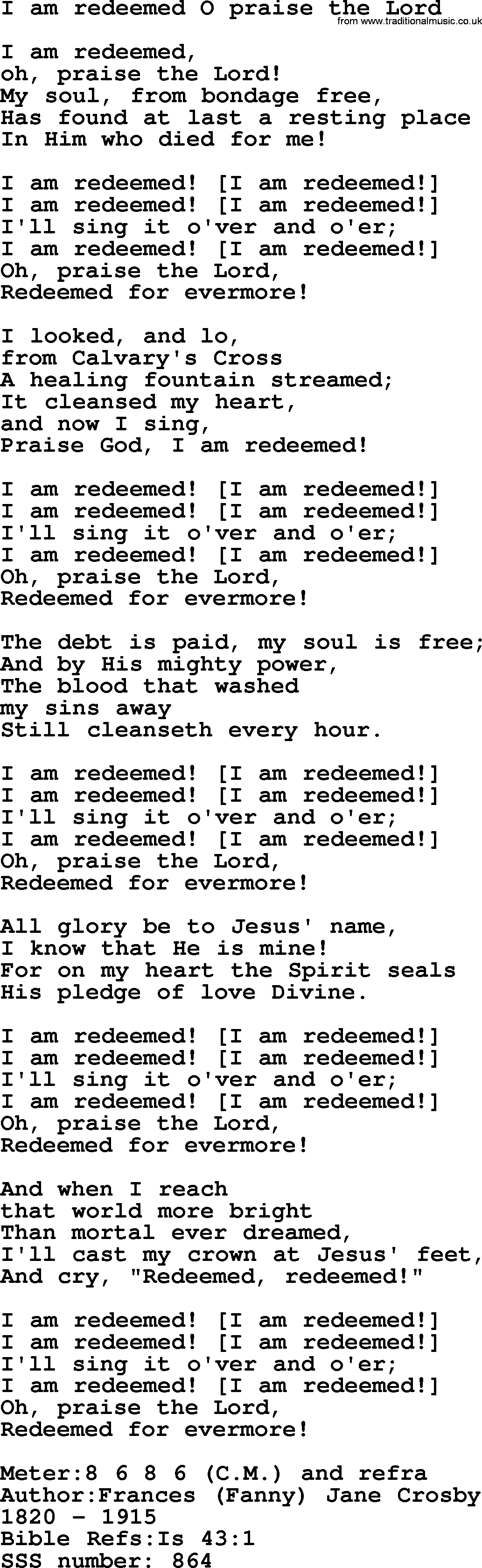 Sacred Songs and Solos complete, 1200 Hymns, title: I Am Redeemed O Praise The Lord, lyrics and PDF