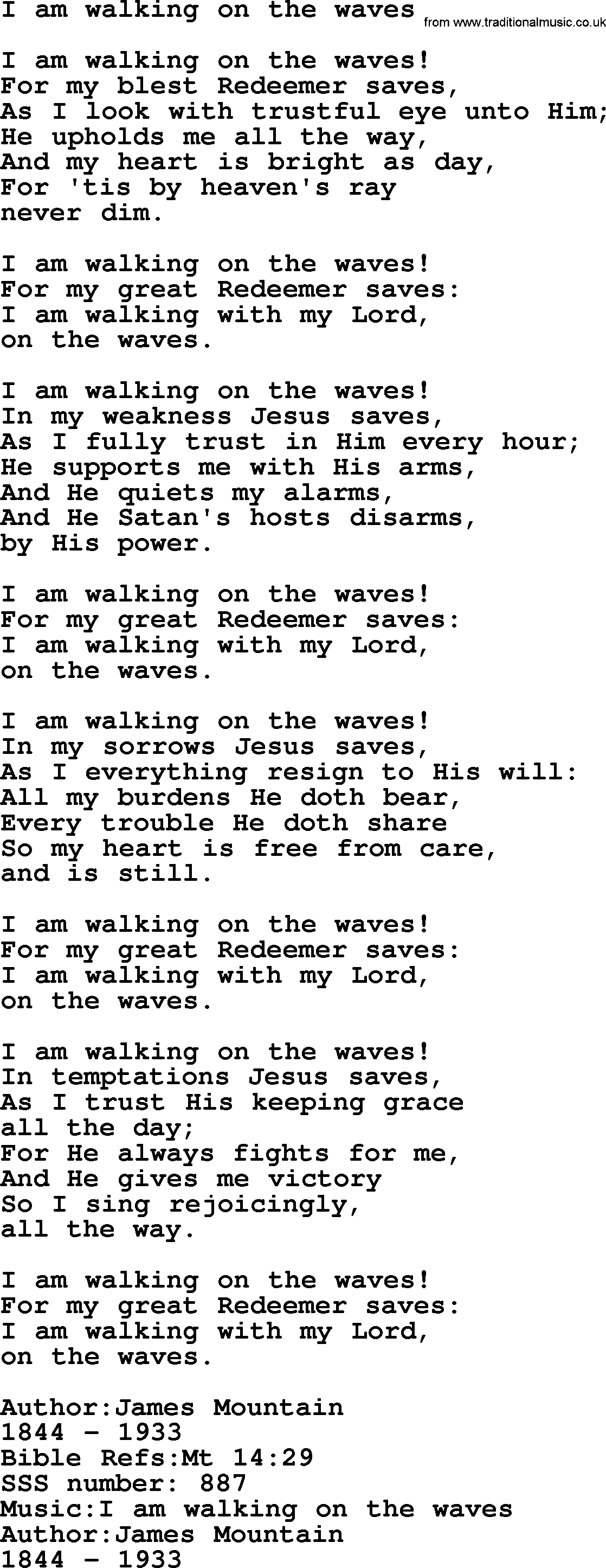 Sacred Songs and Solos complete, 1200 Hymns, title: I Am Walking On The Waves, lyrics and PDF