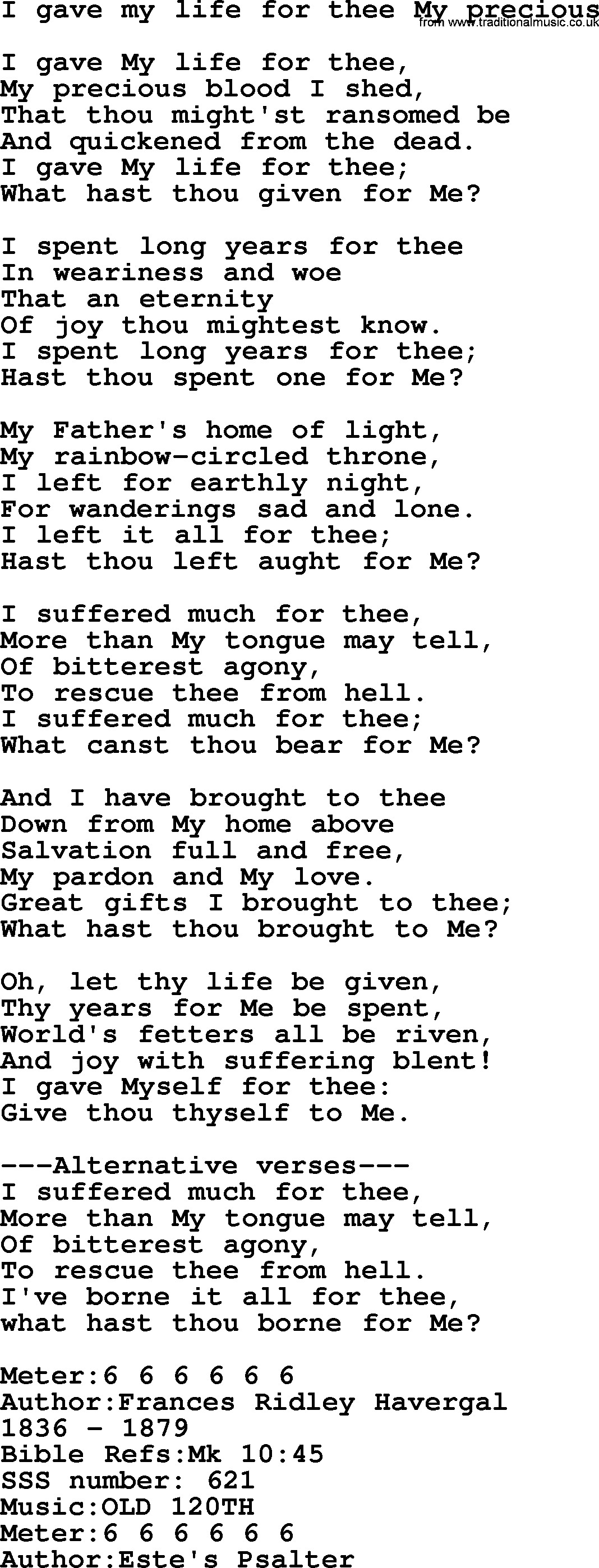 Sacred Songs and Solos complete, 1200 Hymns, title: I Gave My Life For Thee My Precious, lyrics and PDF