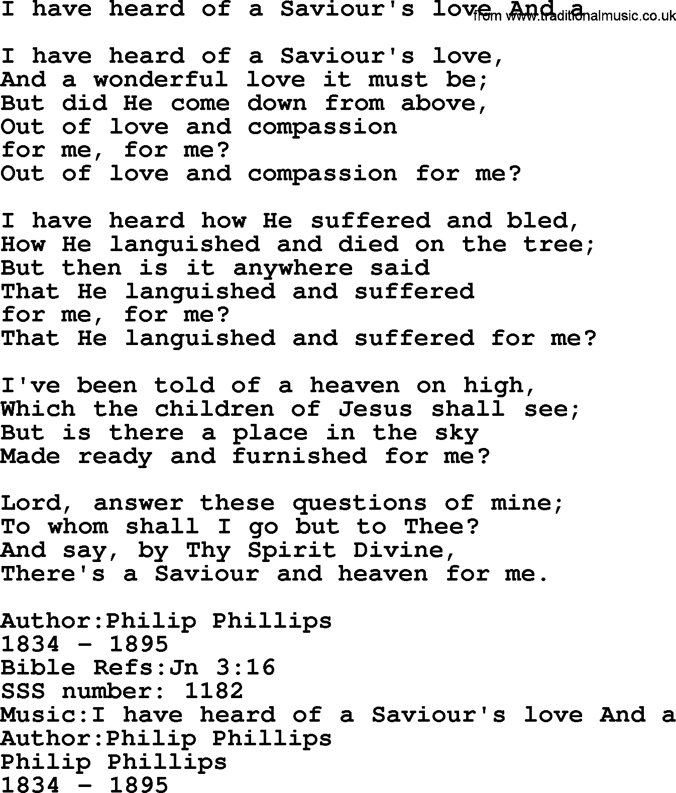Sacred Songs and Solos complete, 1200 Hymns, title: I Have Heard Of A Saviour's Love And A, lyrics and PDF