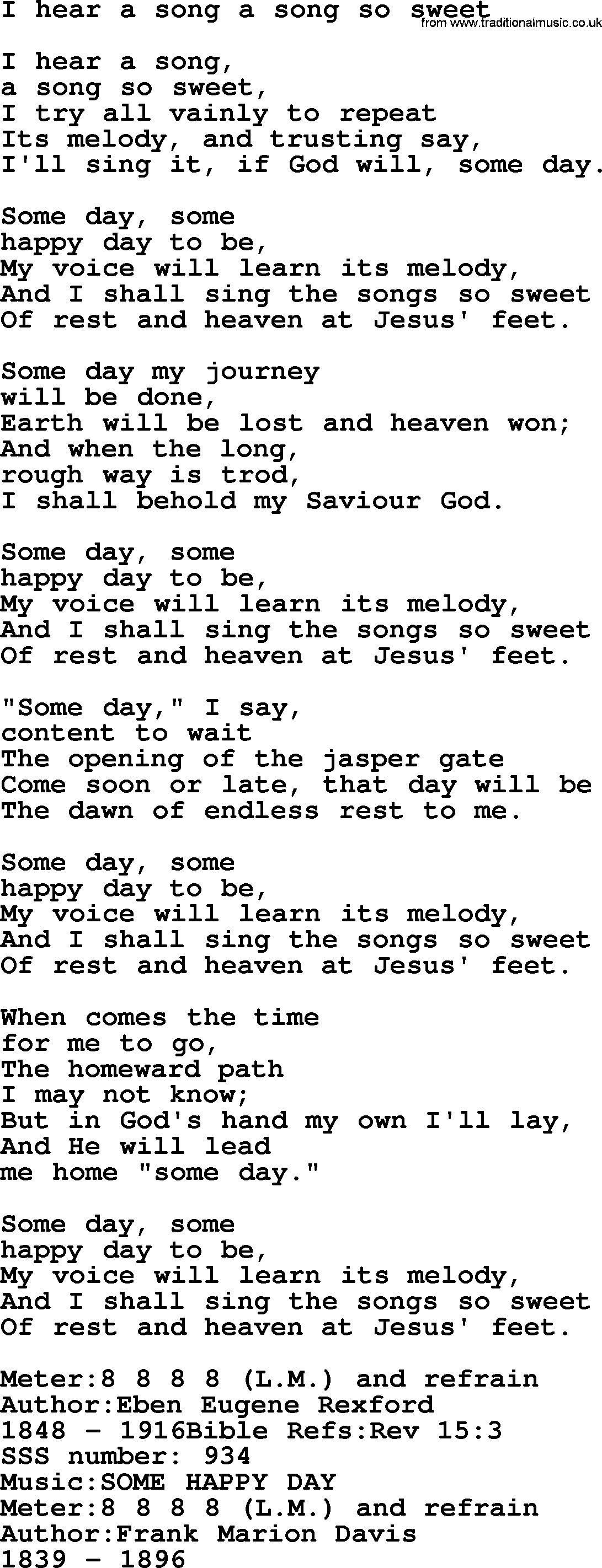 Sacred Songs and Solos complete, 1200 Hymns, title: I Hear A Song A Song So Sweet, lyrics and PDF