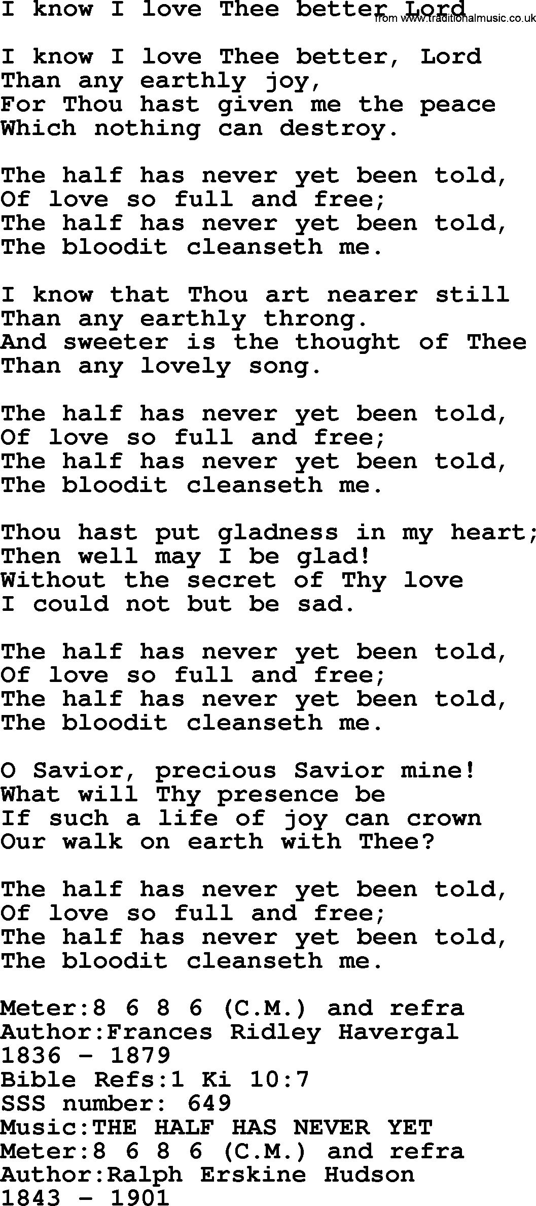 Sacred Songs and Solos complete, 1200 Hymns, title: I Know I Love Thee Better Lord, lyrics and PDF