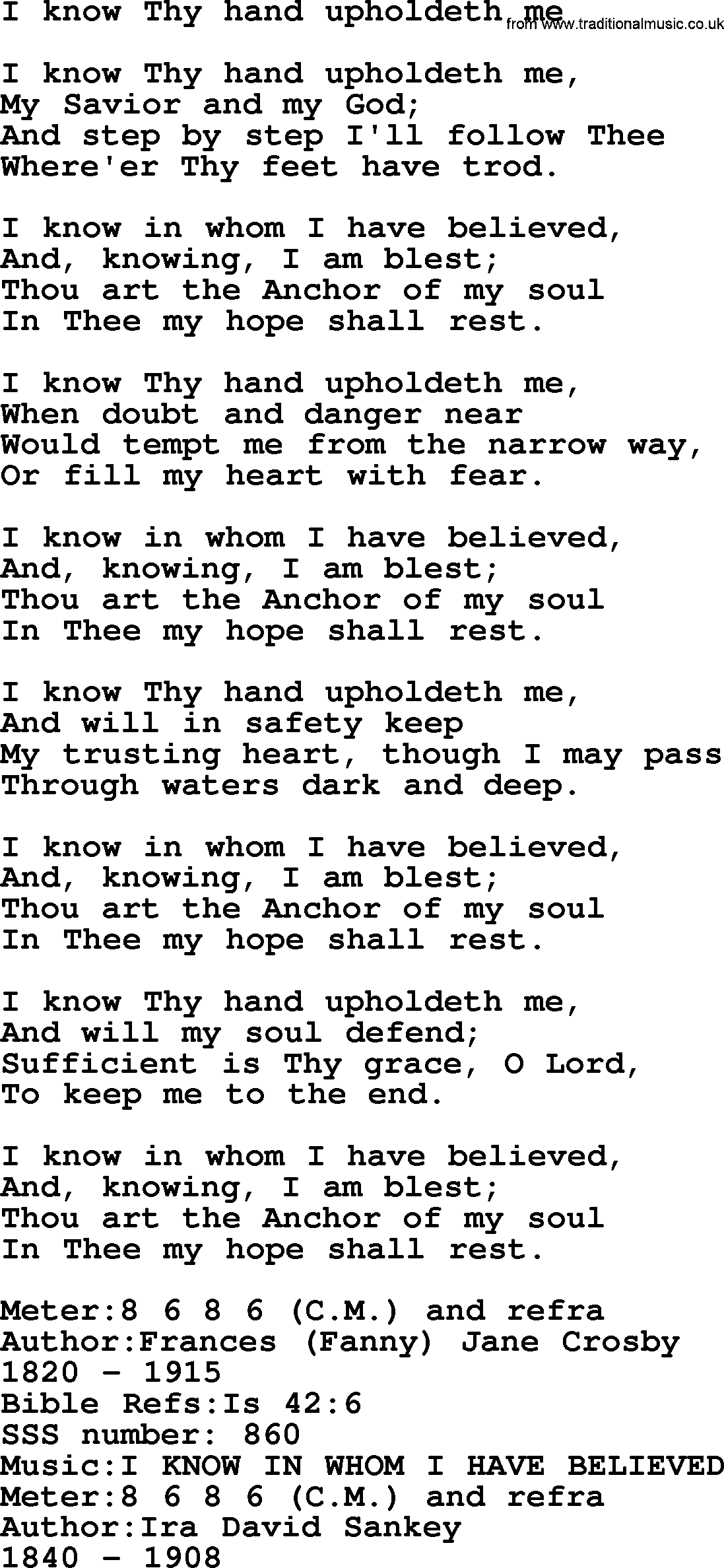 Sacred Songs and Solos complete, 1200 Hymns, title: I Know Thy Hand Upholdeth Me, lyrics and PDF