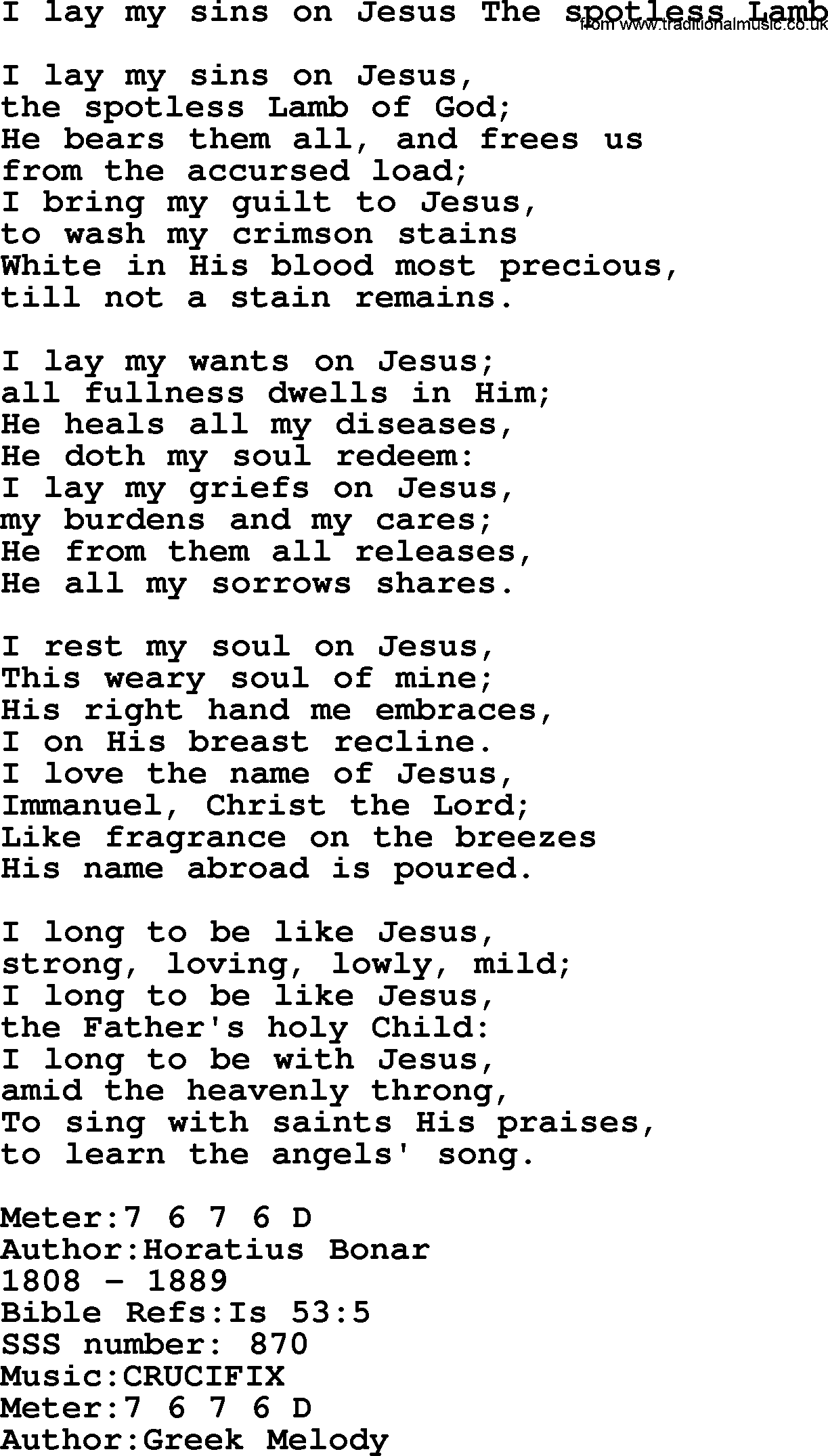 Sacred Songs and Solos complete, 1200 Hymns, title: I Lay My Sins On Jesus The Spotless Lamb, lyrics and PDF