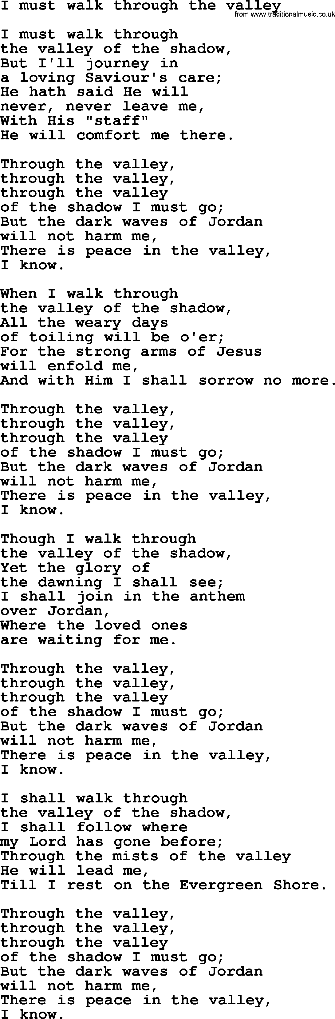 Sacred Songs and Solos complete, 1200 Hymns, title: I Must Walk Through The Valley, lyrics and PDF