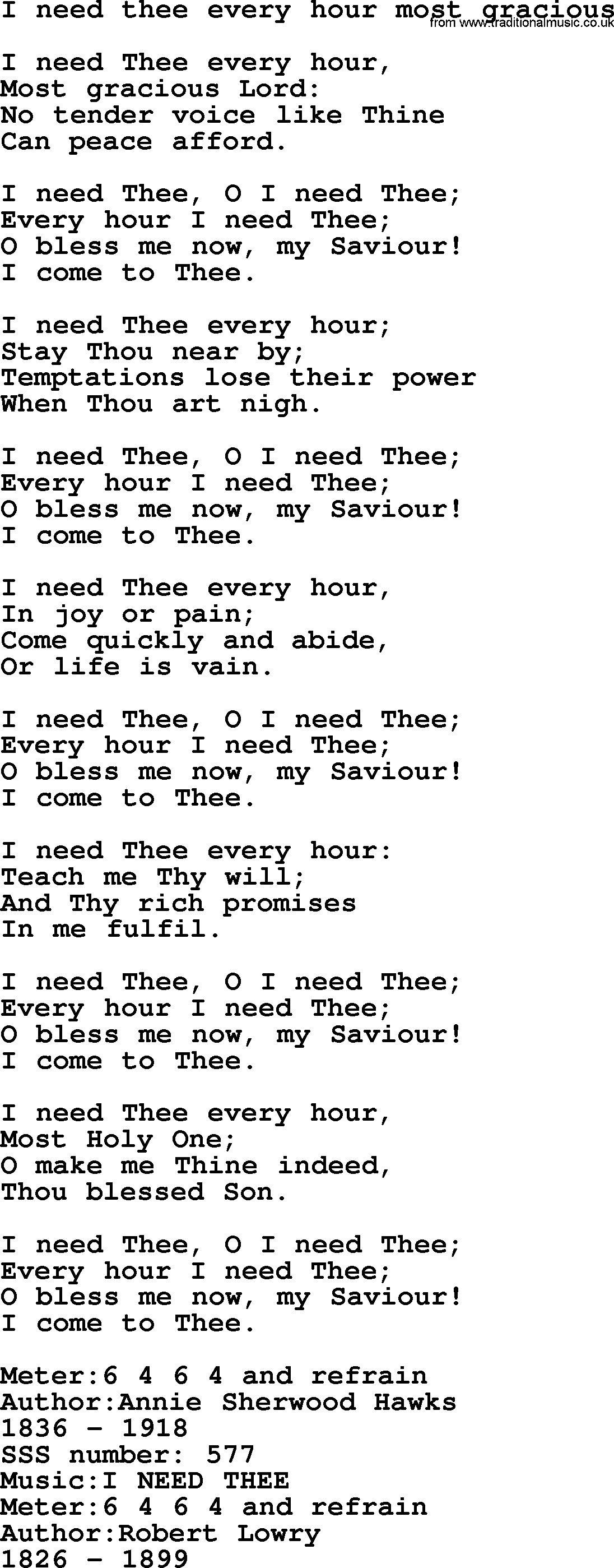 Sacred Songs and Solos complete, 1200 Hymns, title: I Need Thee Every Hour Most Gracious, lyrics and PDF
