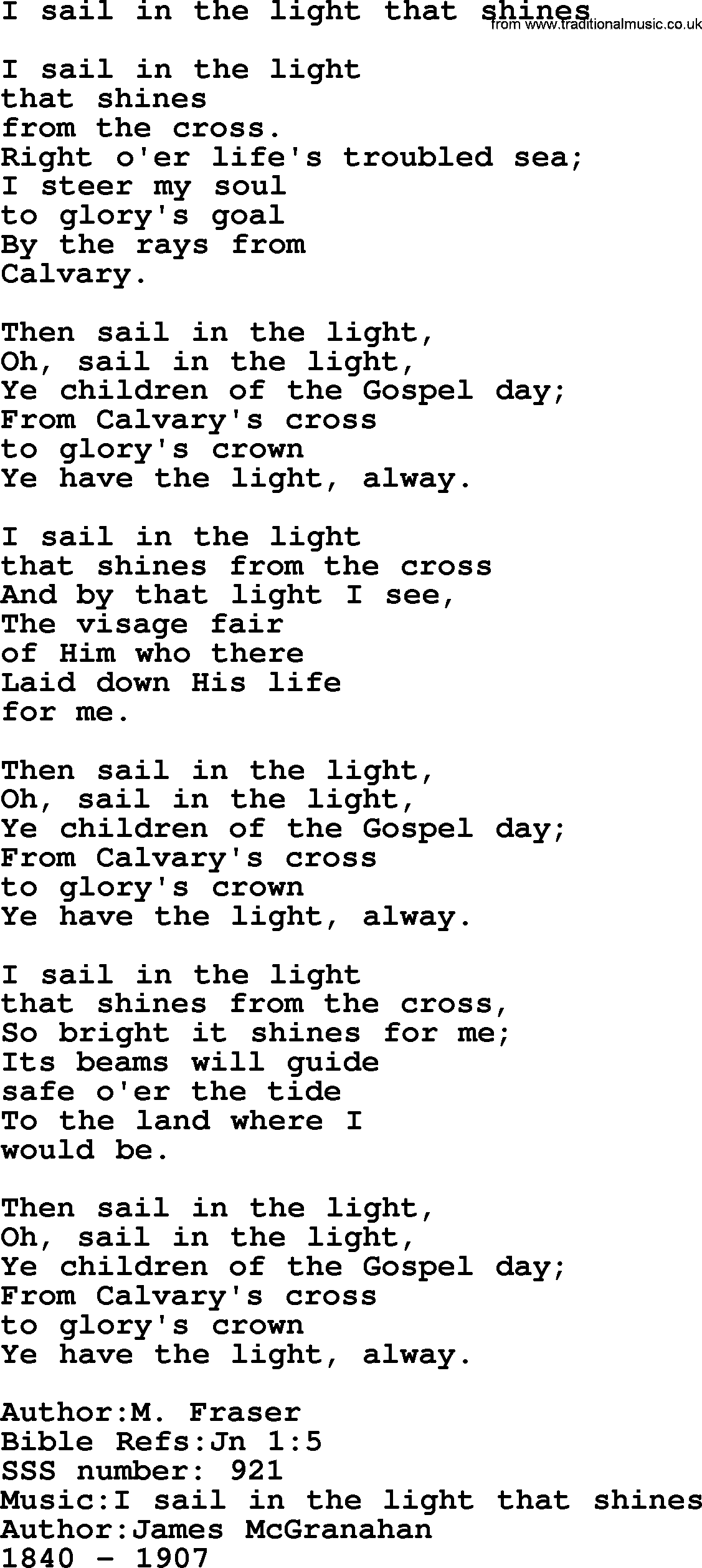 Sacred Songs and Solos complete, 1200 Hymns, title: I Sail In The Light That Shines, lyrics and PDF