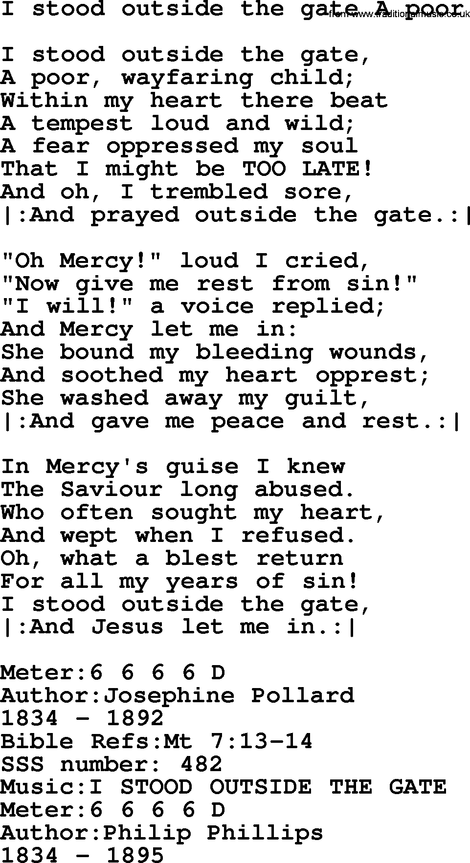 Sacred Songs and Solos complete, 1200 Hymns, title: I Stood Outside The Gate A Poor, lyrics and PDF