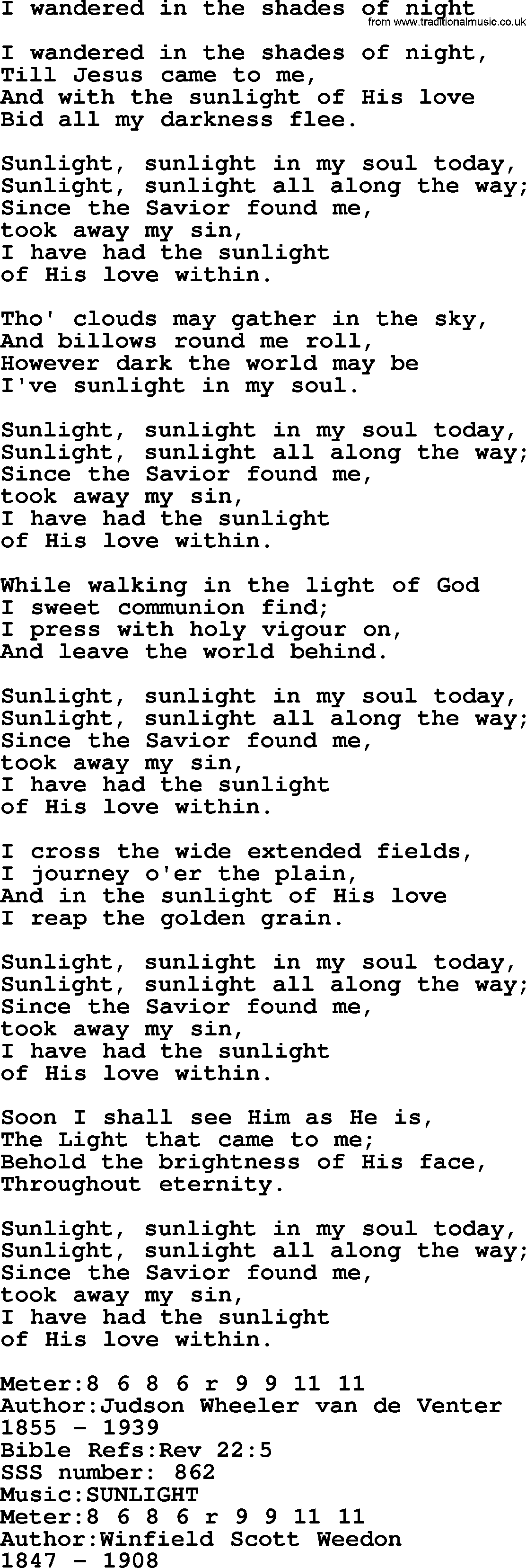 Sacred Songs and Solos complete, 1200 Hymns, title: I Wandered In The Shades Of Night, lyrics and PDF