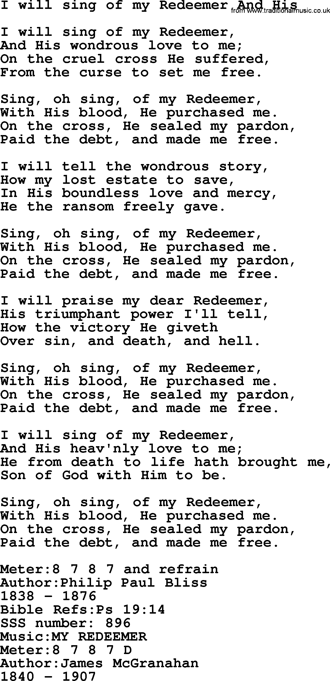 Sacred Songs and Solos complete, 1200 Hymns, title: I Will Sing Of My Redeemer And His, lyrics and PDF
