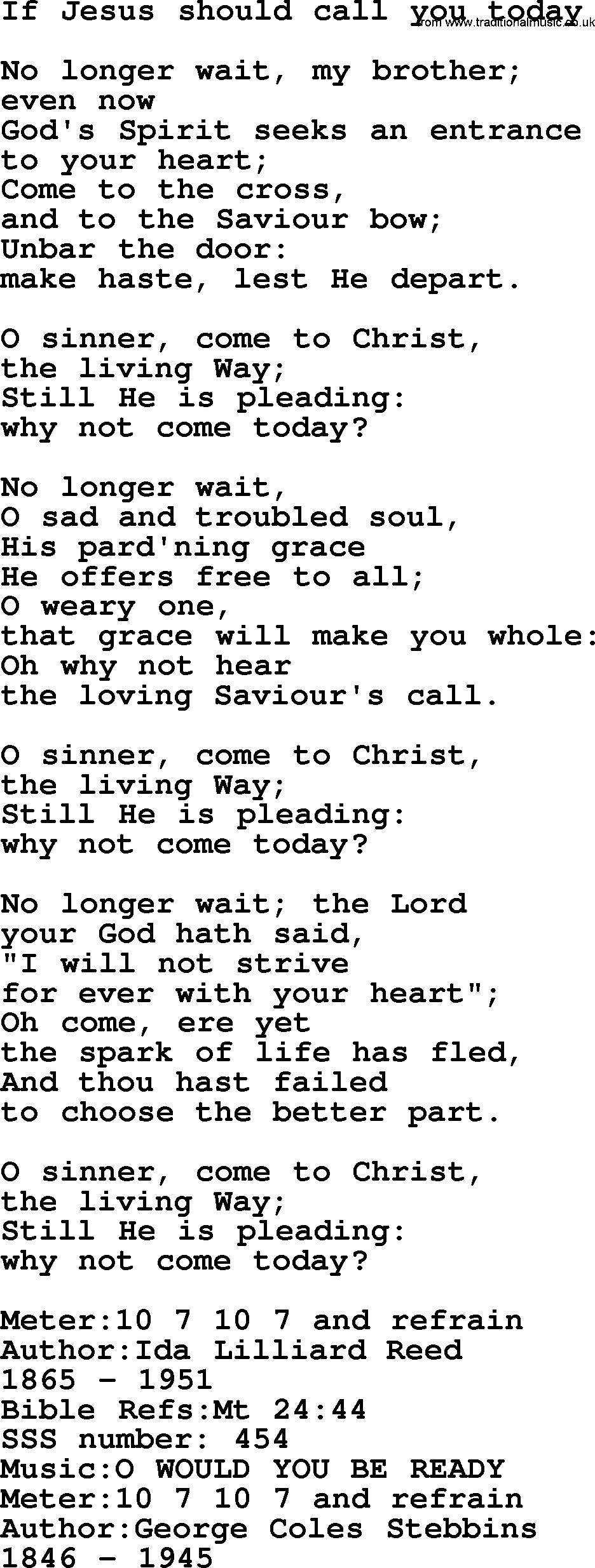 Sacred Songs and Solos complete, 1200 Hymns, title: If Jesus Should Call You Today, lyrics and PDF