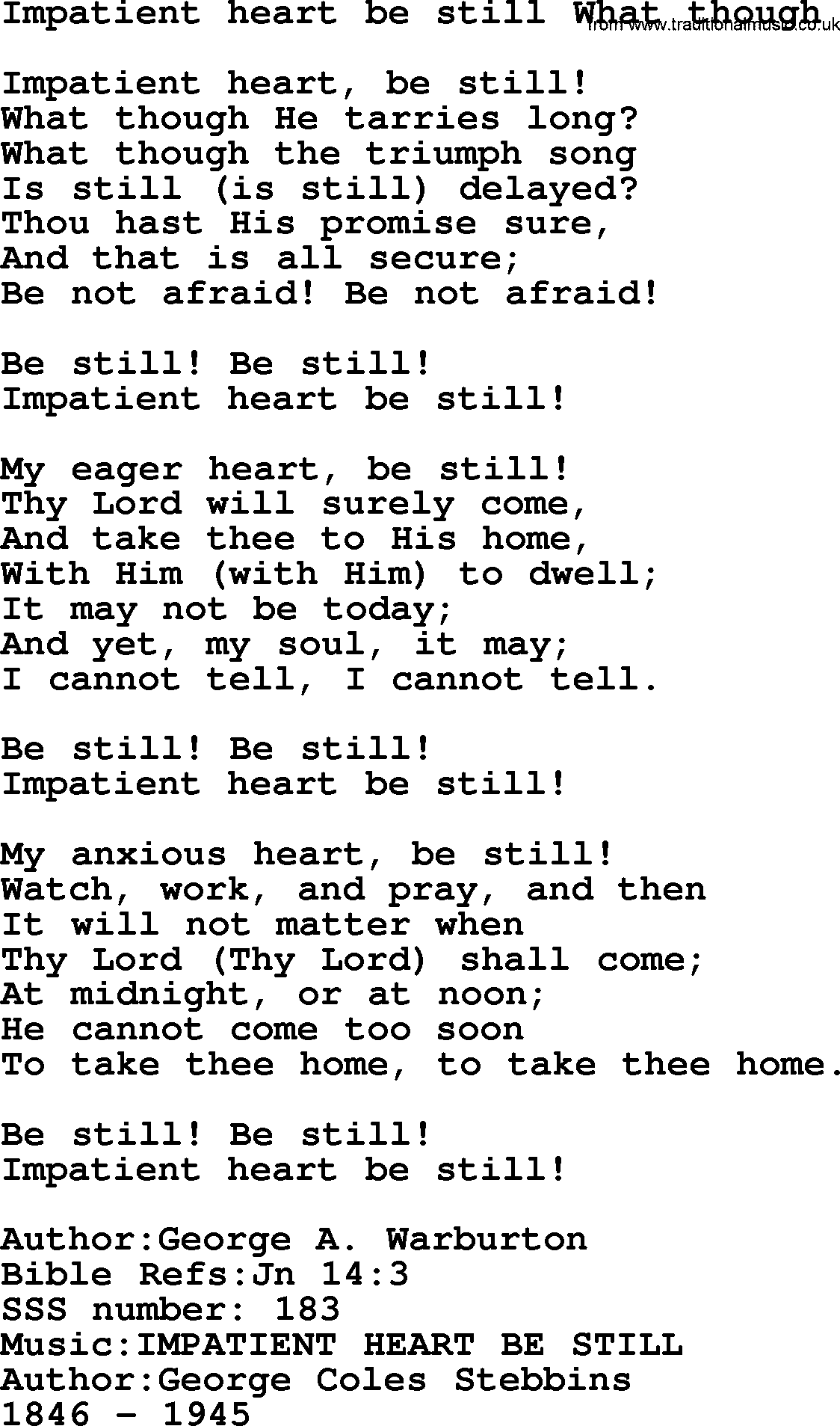 Sacred Songs and Solos complete, 1200 Hymns, title: Impatient Heart Be Still What Though, lyrics and PDF