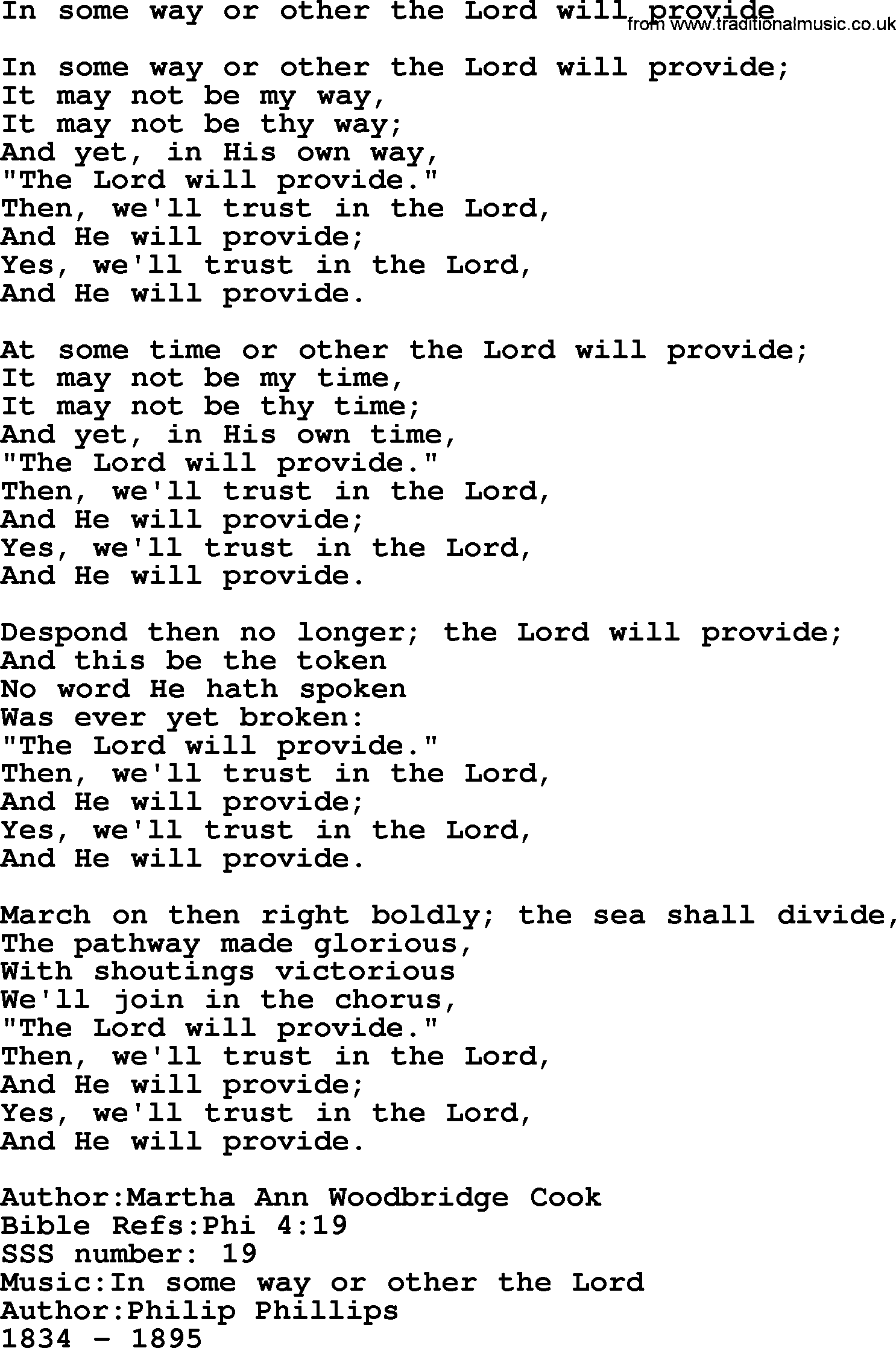Sacred Songs and Solos complete, 1200 Hymns, title: In Some Way Or Other The Lord Will Provide, lyrics and PDF