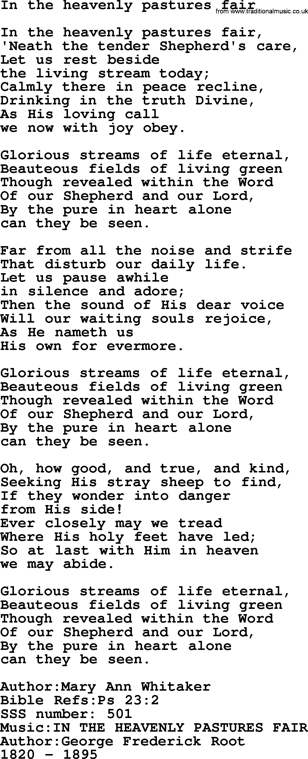 Sacred Songs and Solos complete, 1200 Hymns, title: In The Heavenly Pastures Fair, lyrics and PDF