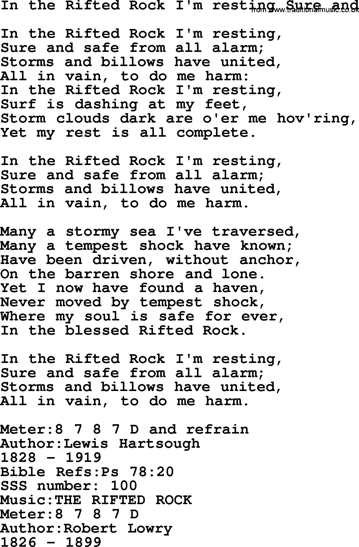 Sacred Songs and Solos complete, 1200 Hymns, title: In The Rifted Rock I'm Resting Sure And, lyrics and PDF