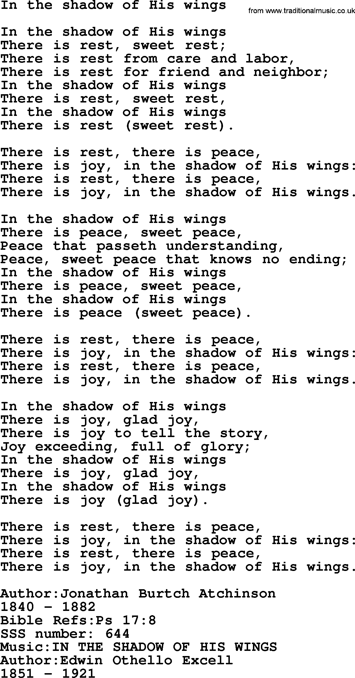 Sacred Songs and Solos complete, 1200 Hymns, title: In The Shadow Of His Wings, lyrics and PDF