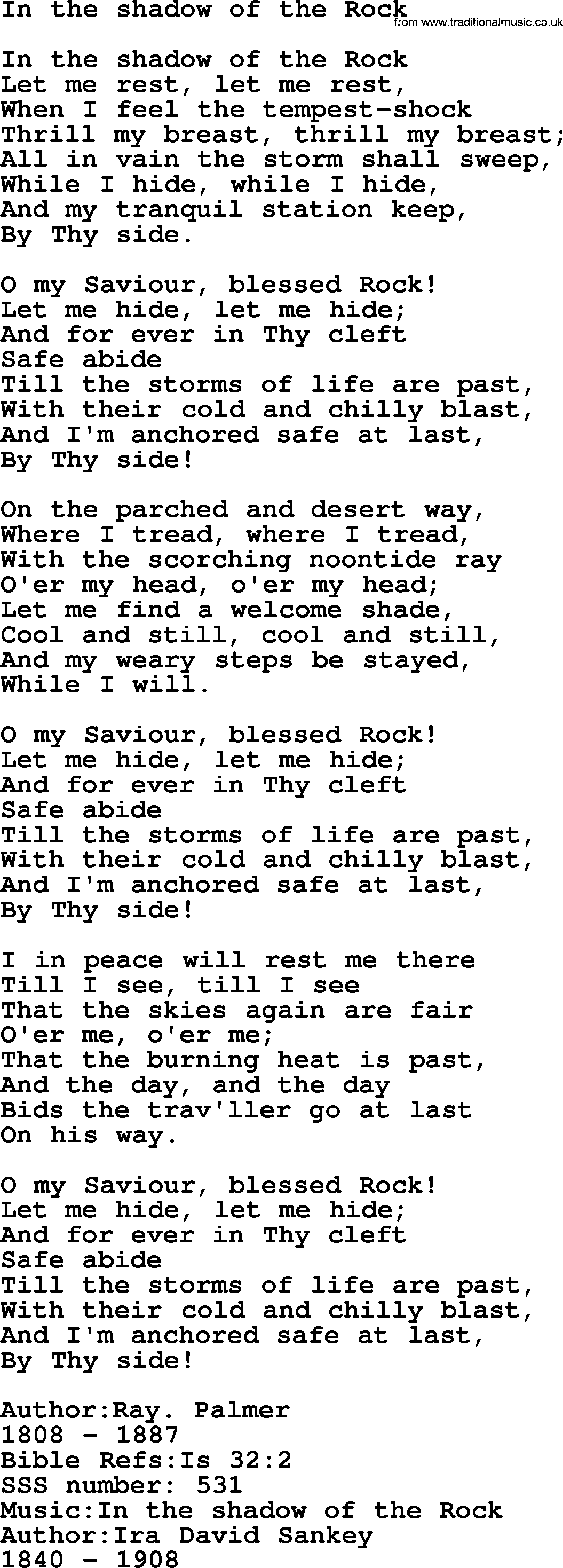 Sacred Songs and Solos complete, 1200 Hymns, title: In The Shadow Of The Rock, lyrics and PDF