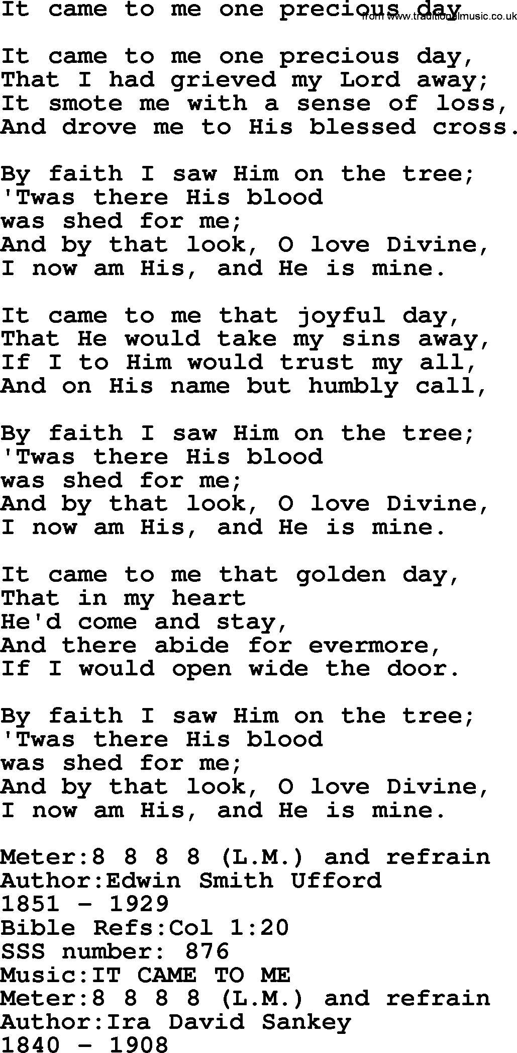 Sacred Songs and Solos complete, 1200 Hymns, title: It Came To Me One Precious Day, lyrics and PDF
