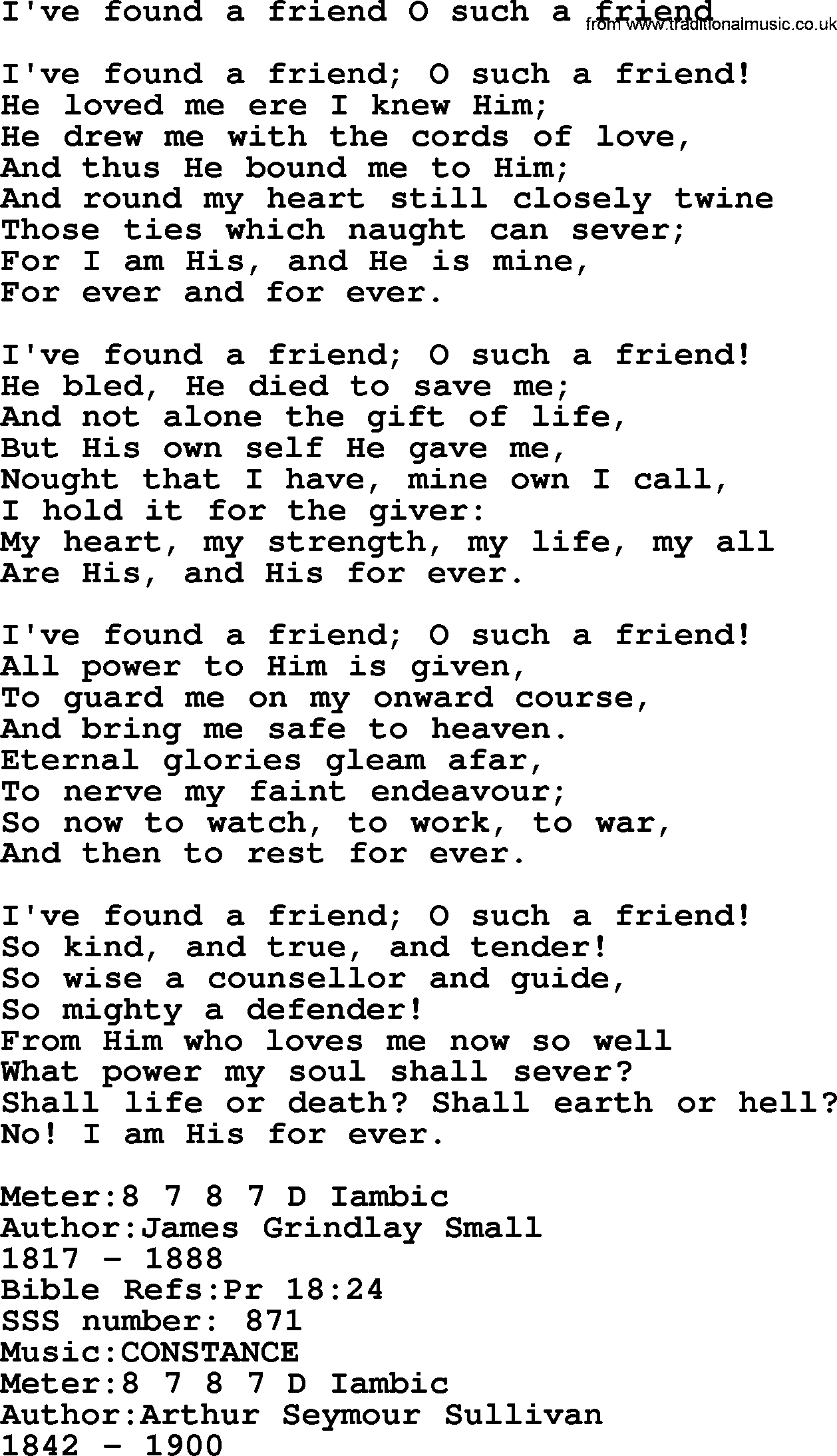 Sacred Songs and Solos complete, 1200 Hymns, title: I've Found A Friend O Such A Friend, lyrics and PDF